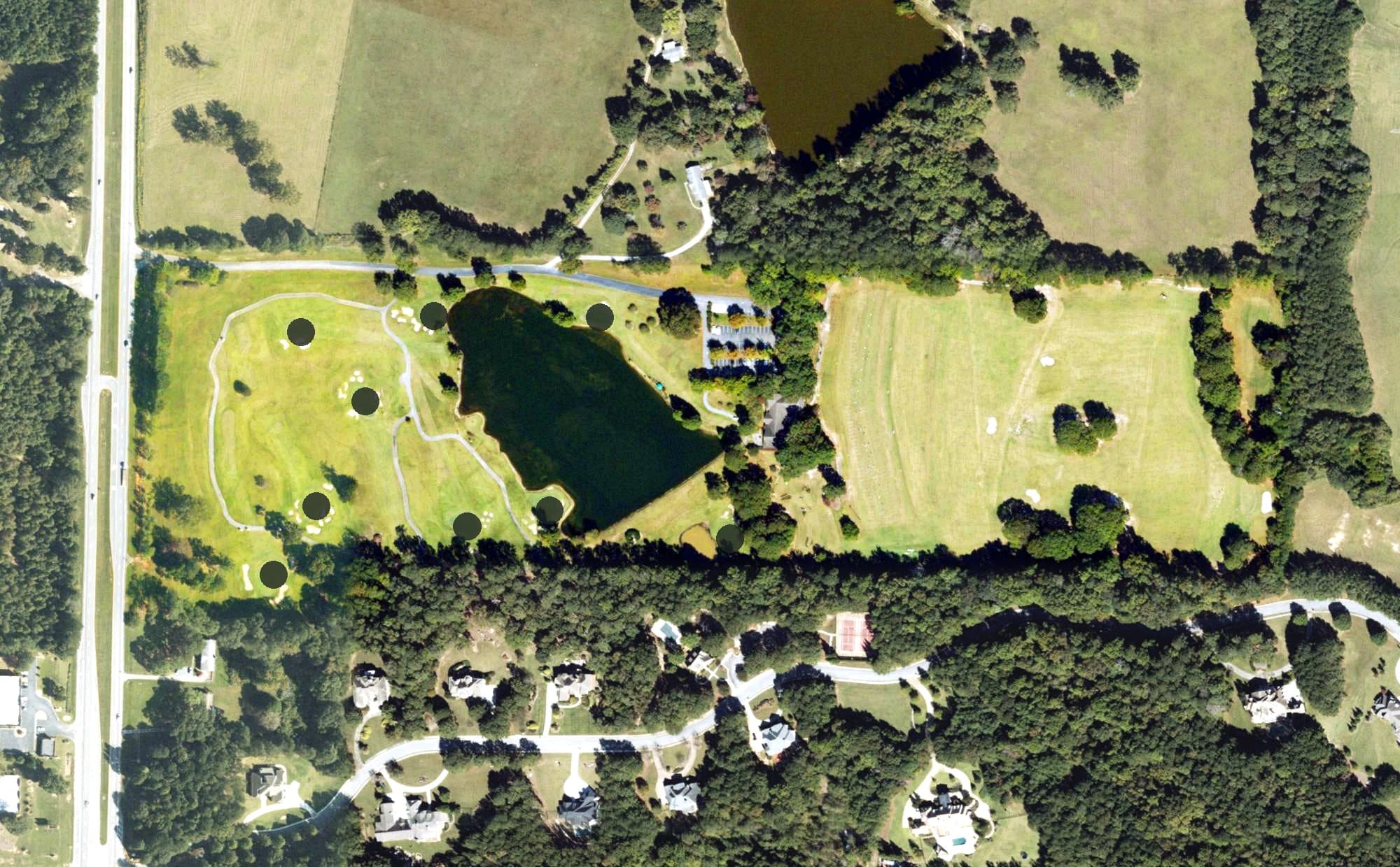 Aerial view of Wendell Coffee Golf & Event Center, GA, with its hole routing marked