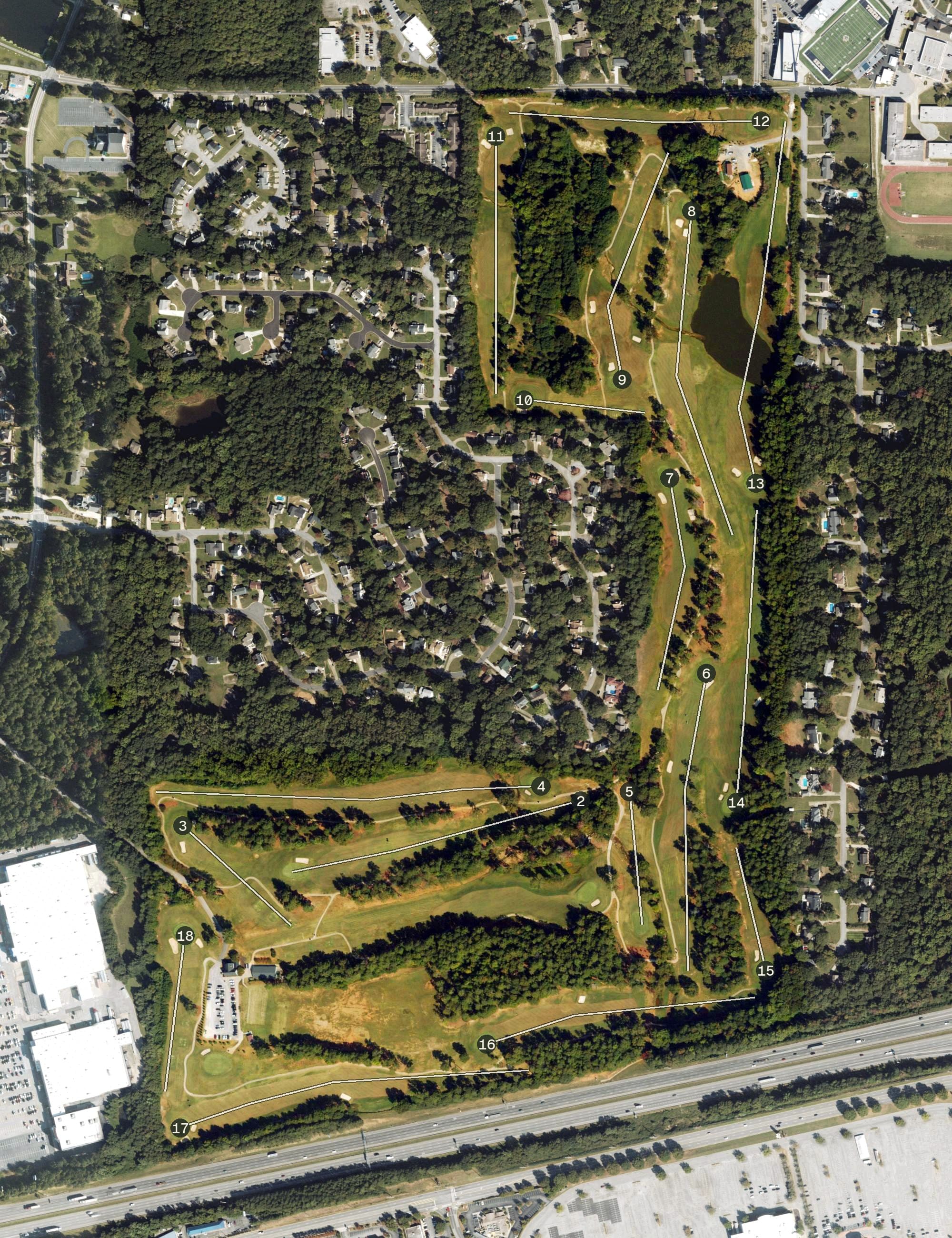 Aerial view of West Pines Golf Club, GA, with its hole routing marked