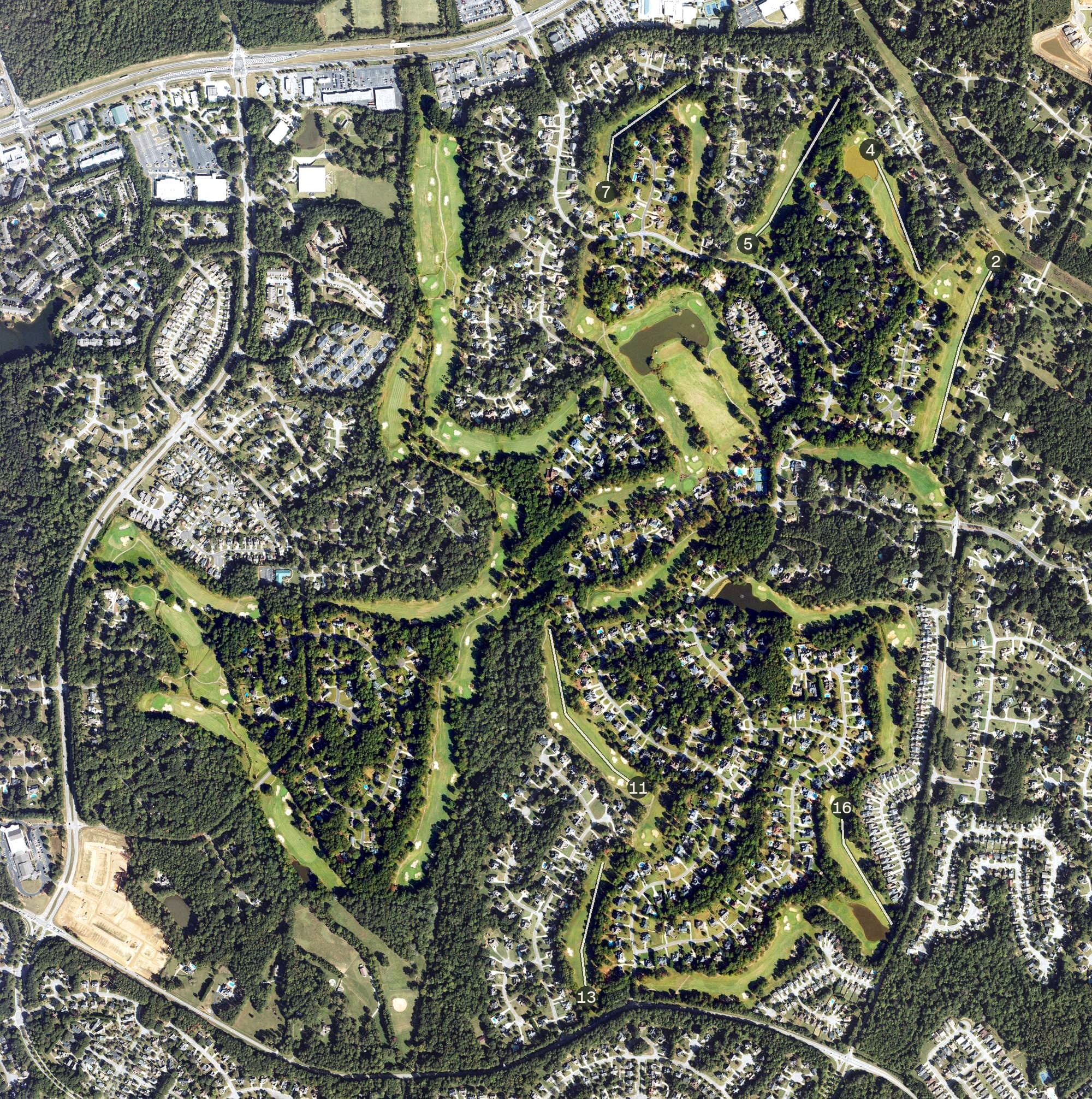 Aerial view of White Oak, GA, with its hole routing marked