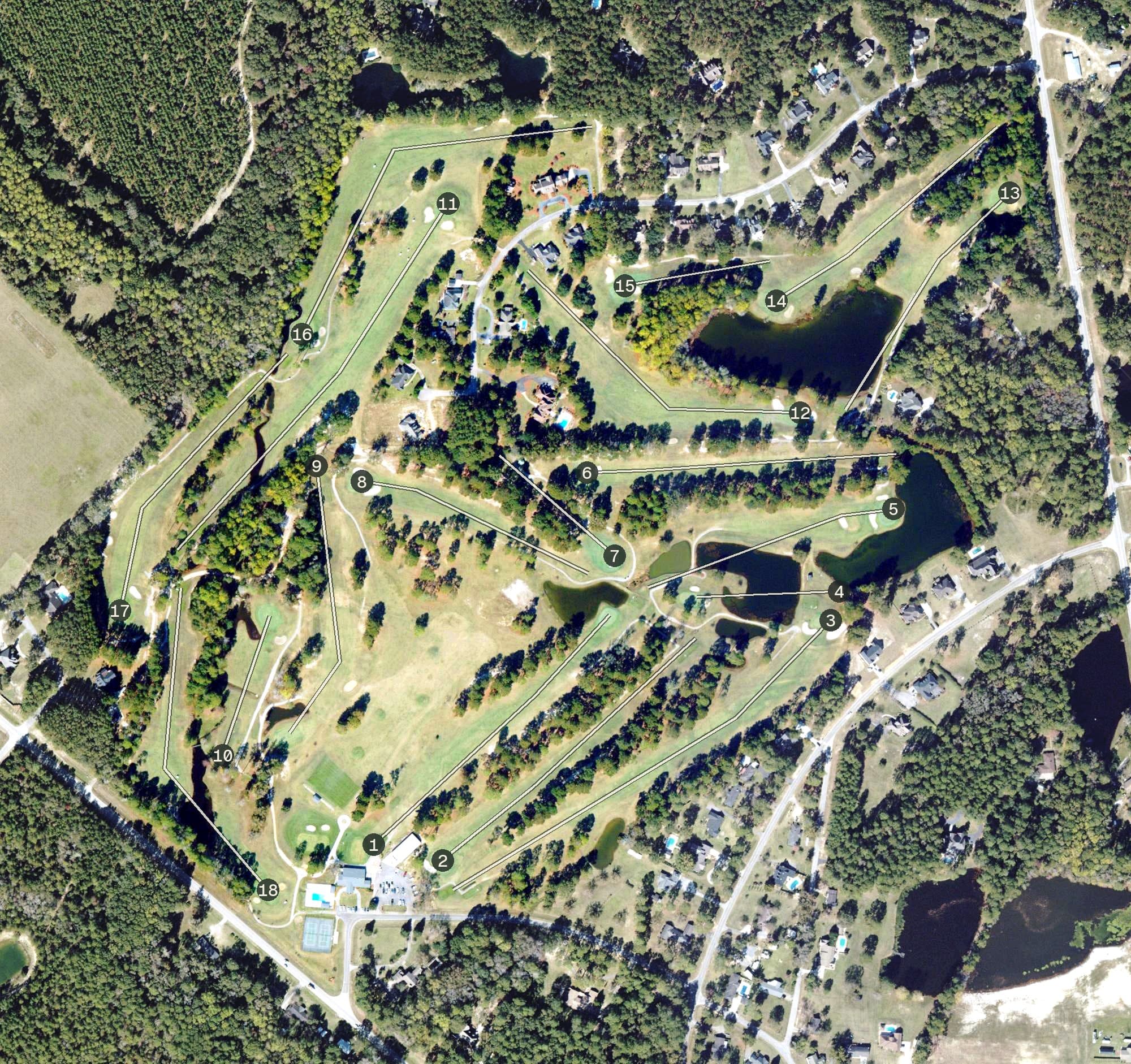 Aerial view of Willow Lake Golf Club, GA, with its hole routing marked