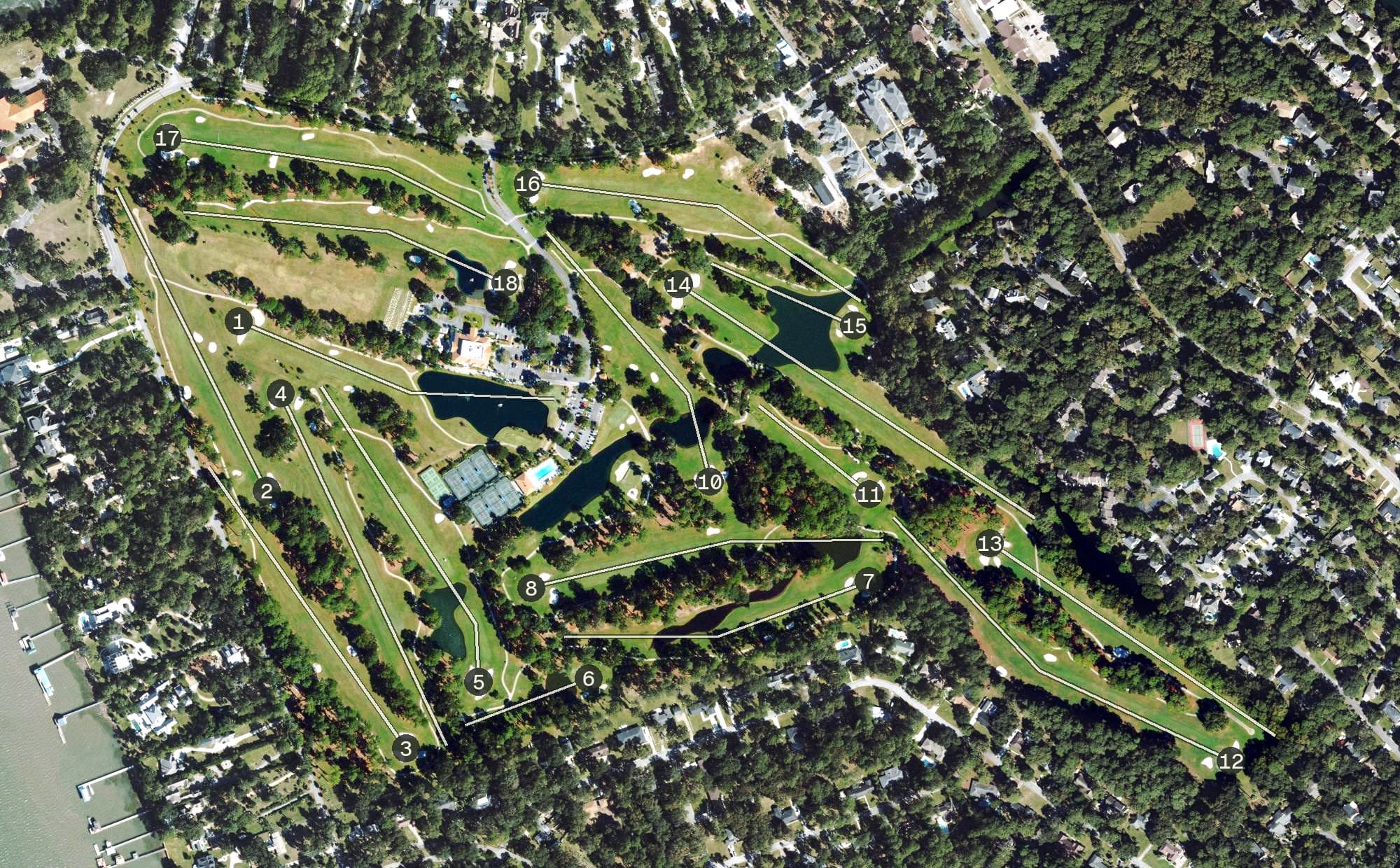 Aerial view of WIlmington Island Golf Club, GA, with its hole routing marked