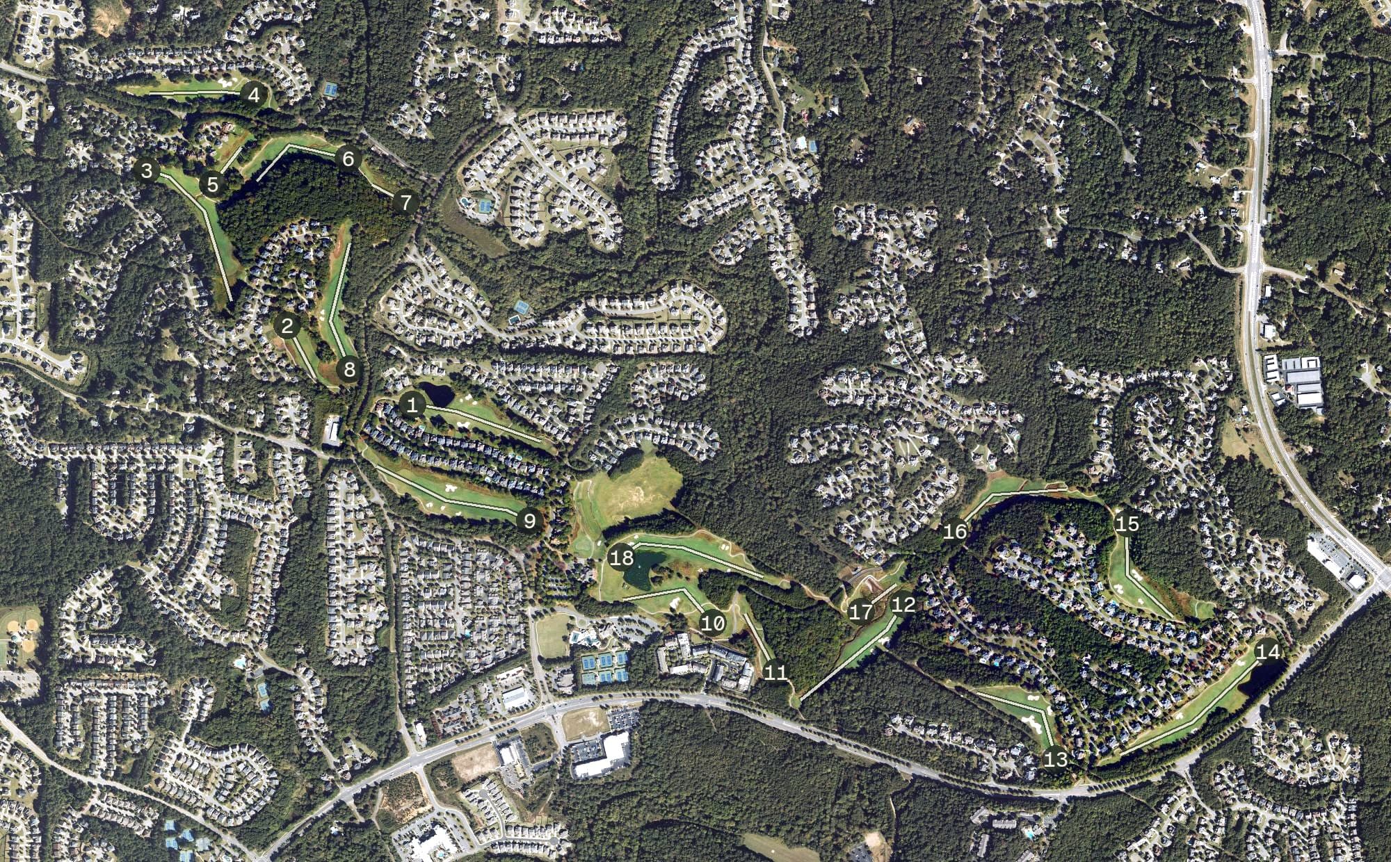 Aerial view of Windermere Golf Club, GA, with its hole routing marked
