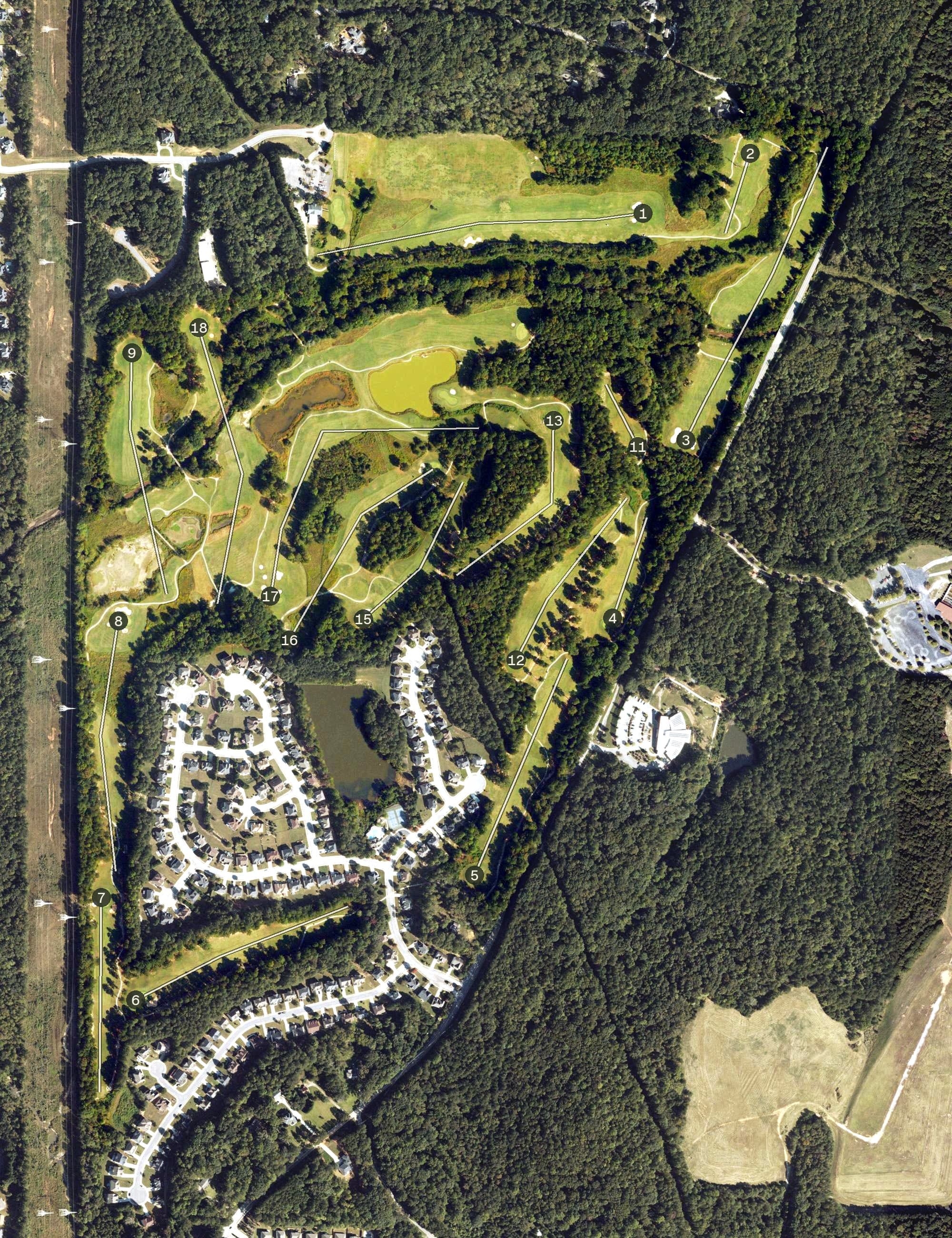 Aerial view of Wolf Creek Golf Course, GA, with its hole routing marked