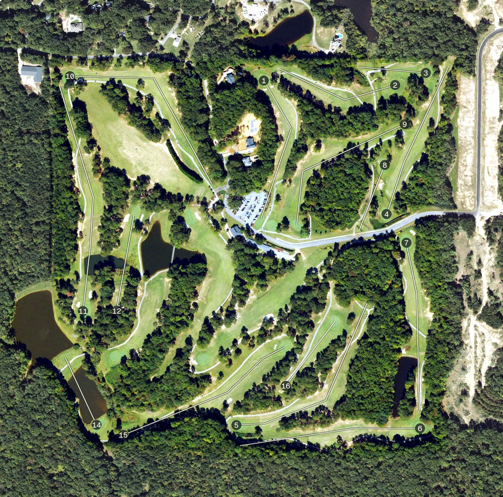 Aerial view of Woodland Hills Golf Club, GA, with its hole routing marked