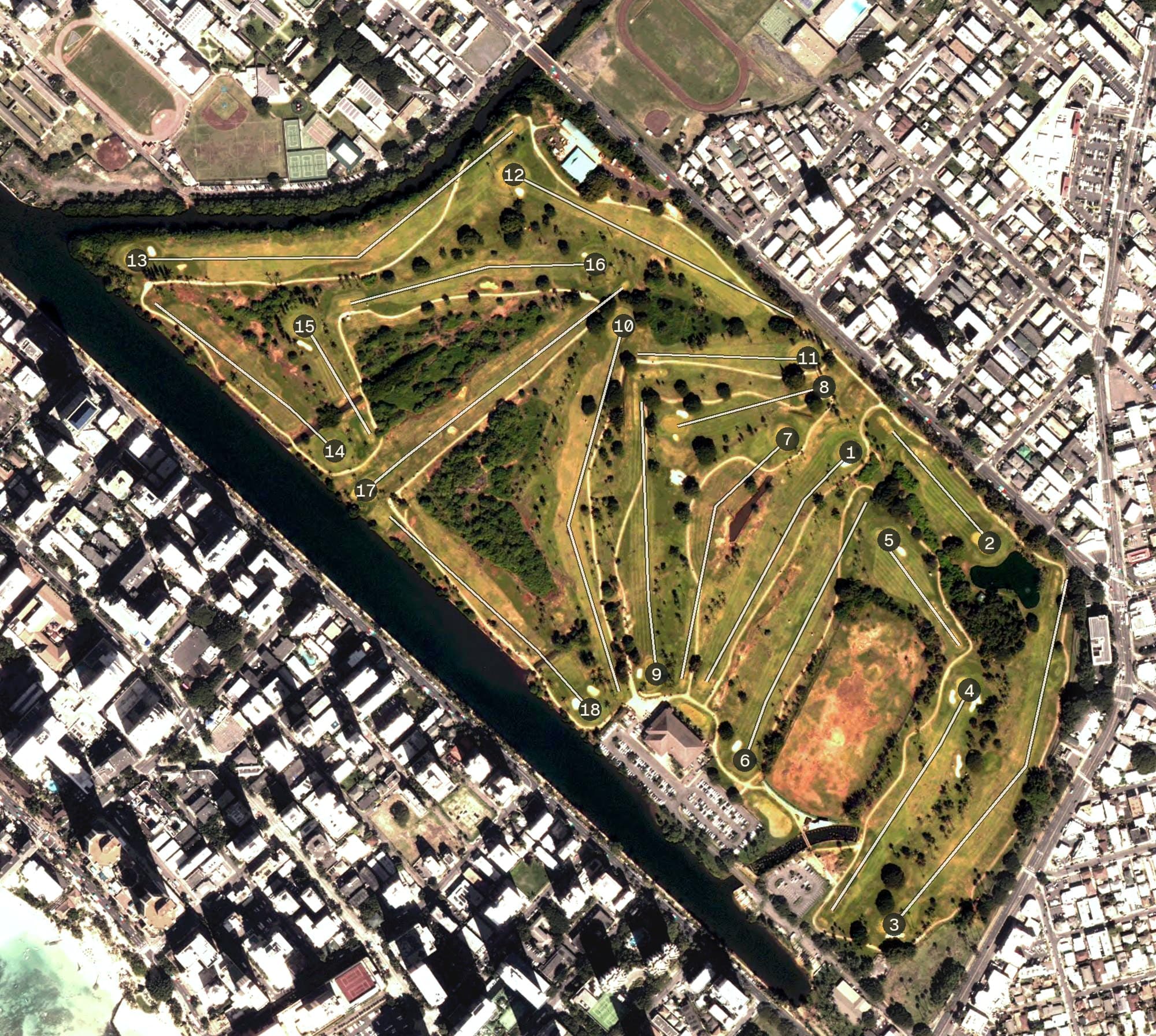 Aerial view of Ala Wai Golf Course, HI, with its hole routing marked