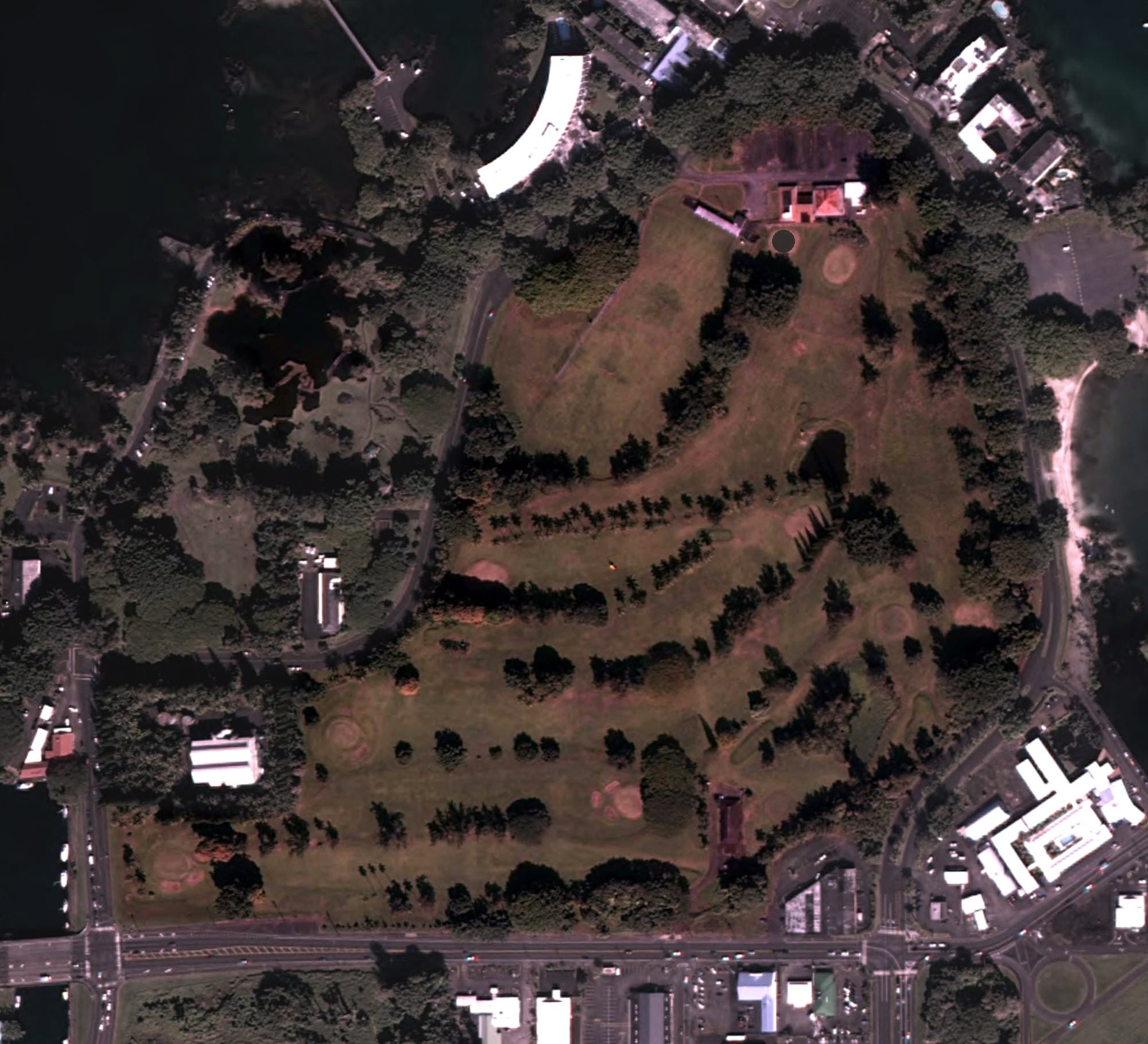 Aerial view of Banyan Golf Course, HI, with its hole routing marked