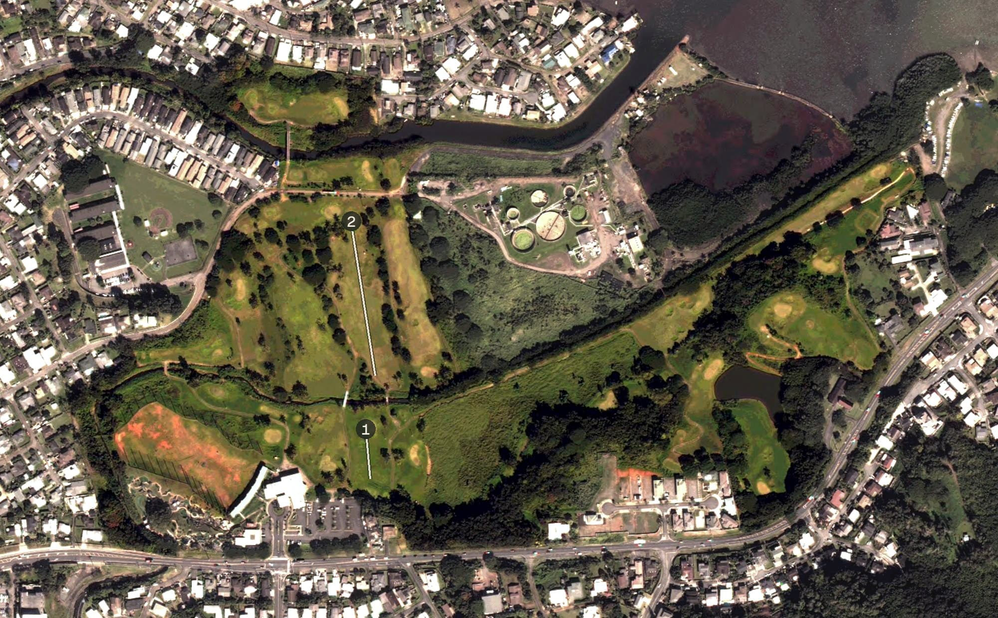 Aerial view of Bayview, HI, with its hole routing marked