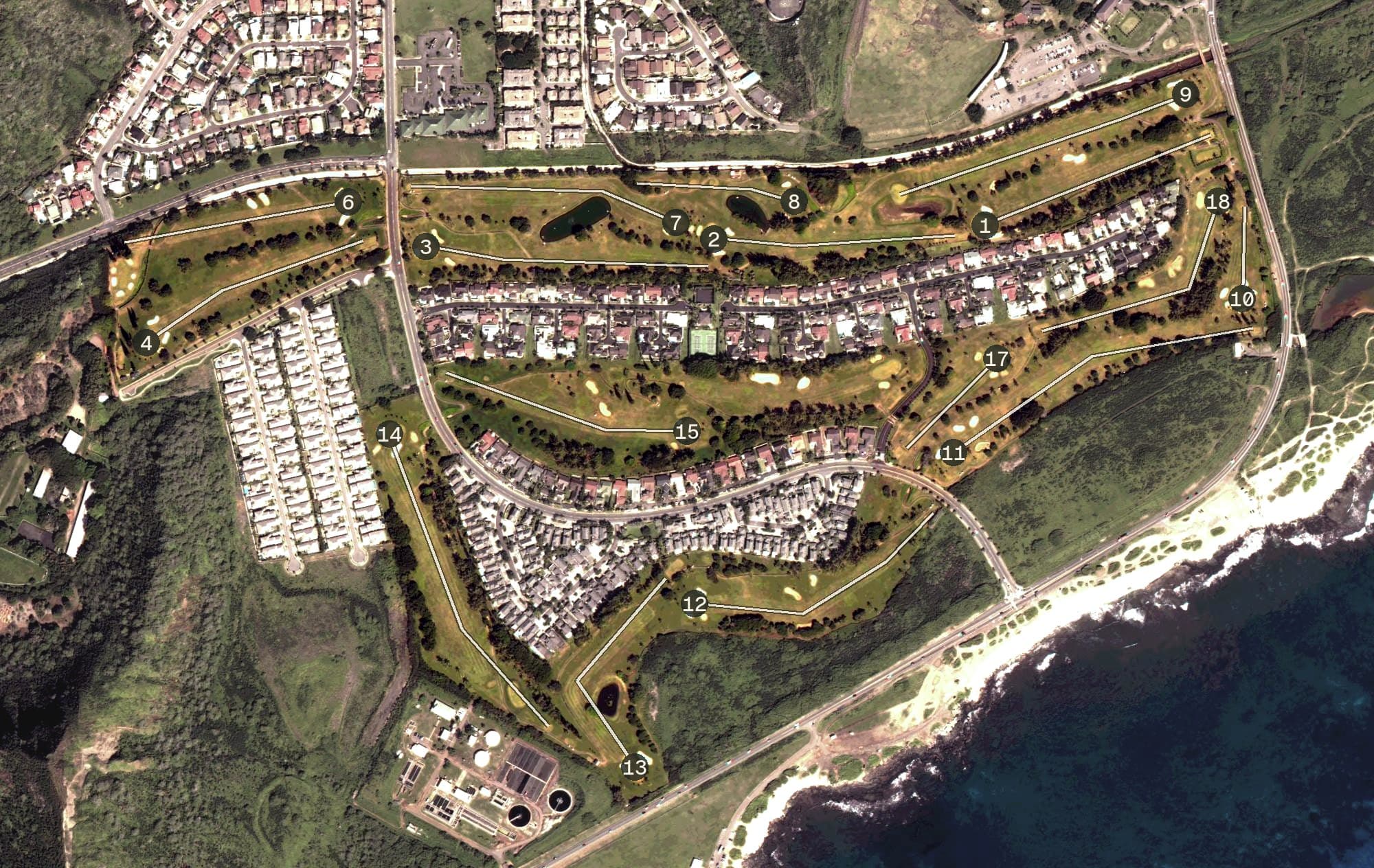 Aerial view of Championship Course, HI, with its hole routing marked
