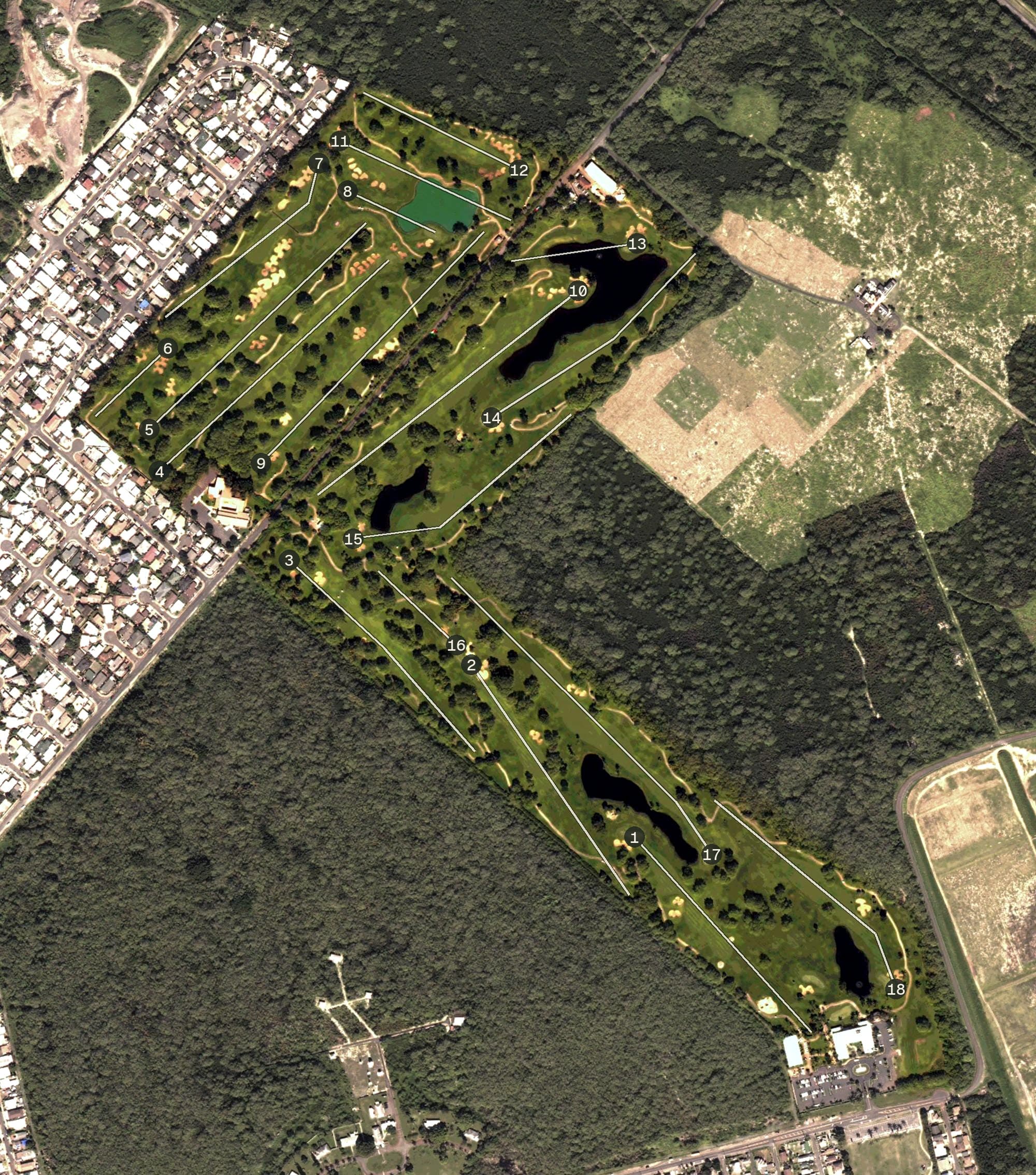 Aerial view of Ewa Beach Golf Club, HI, with its hole routing marked
