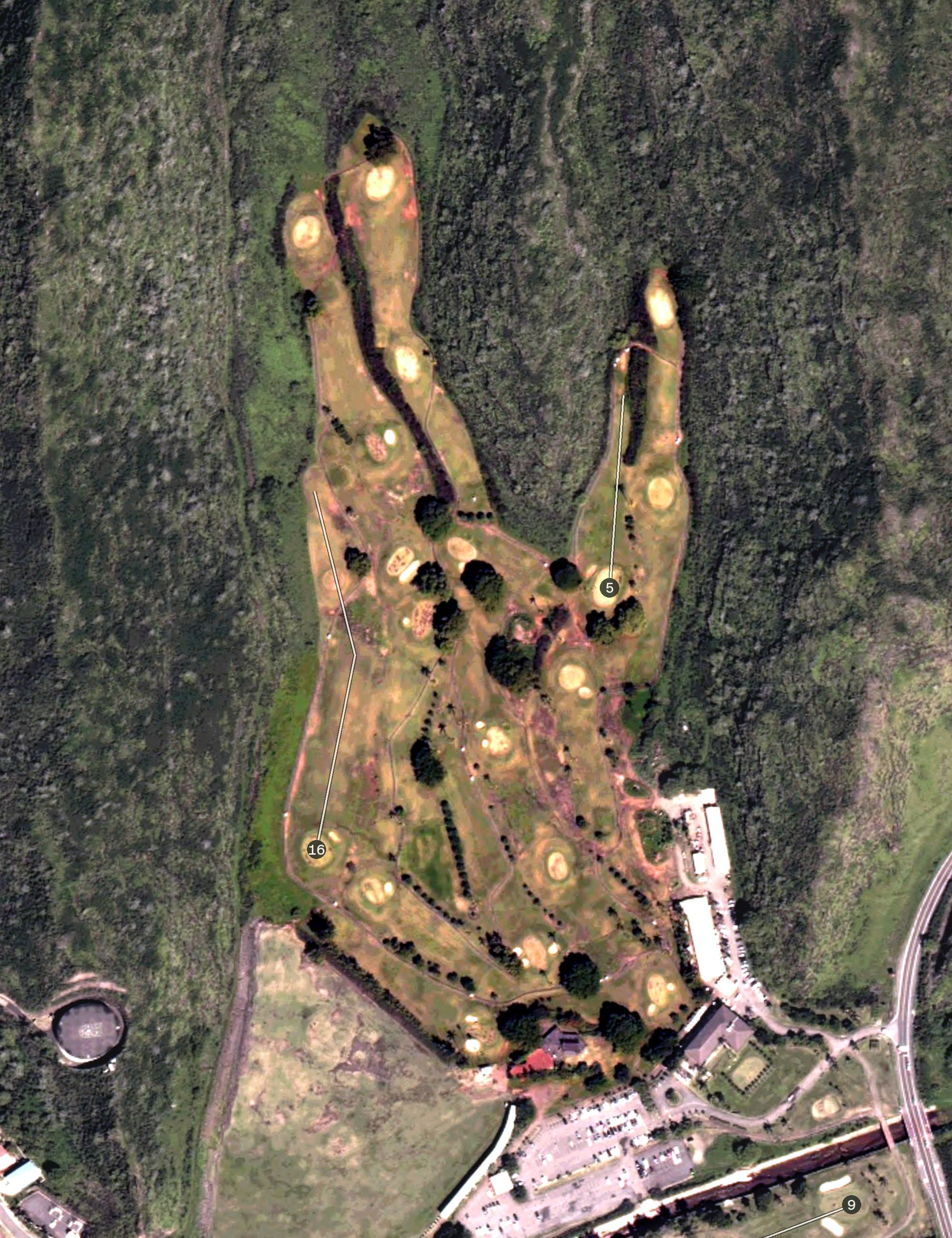 Aerial view of Executive Course, HI, with its hole routing marked