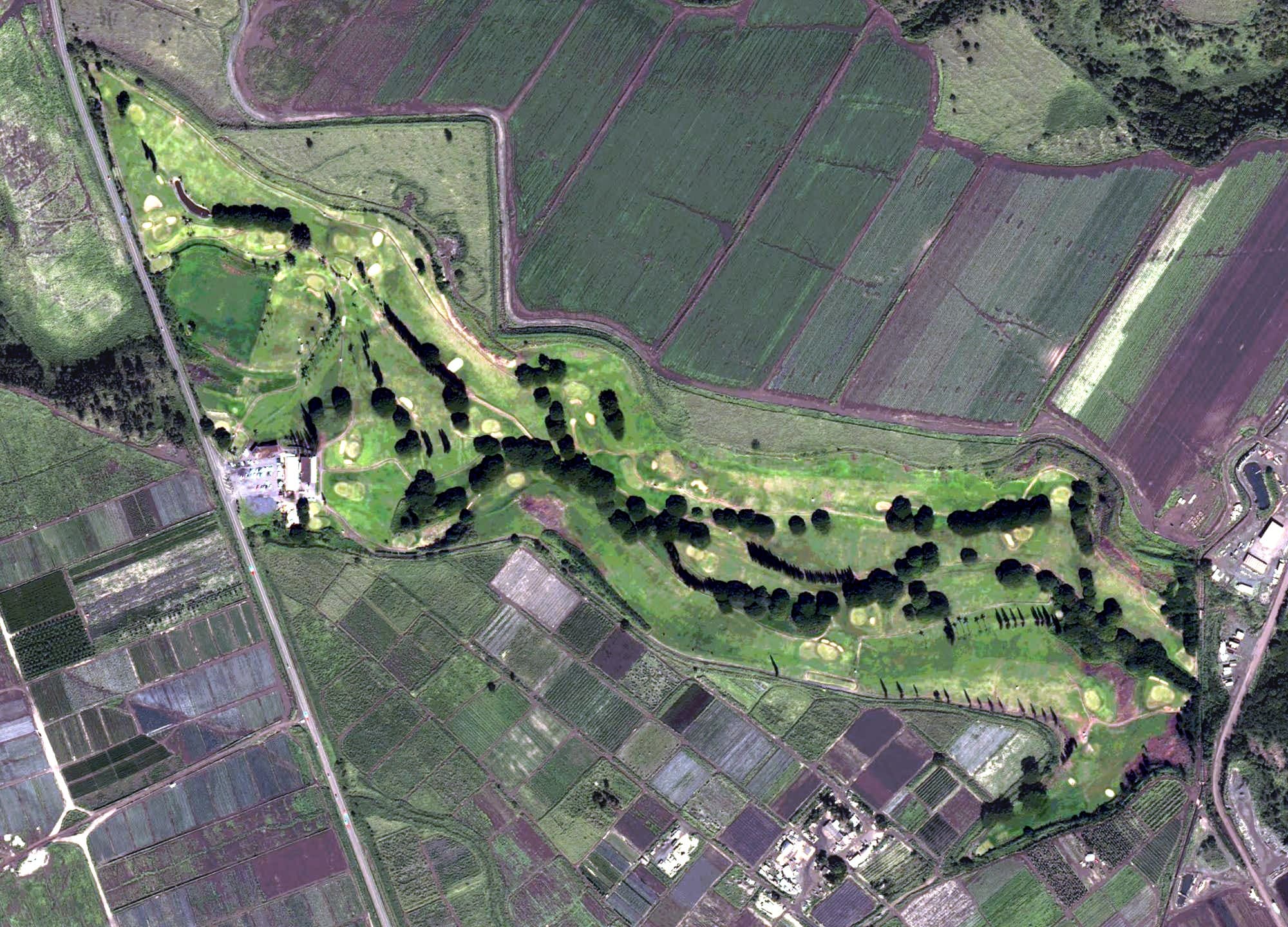 Aerial view of Hawaii Country Club, HI, with its hole routing marked
