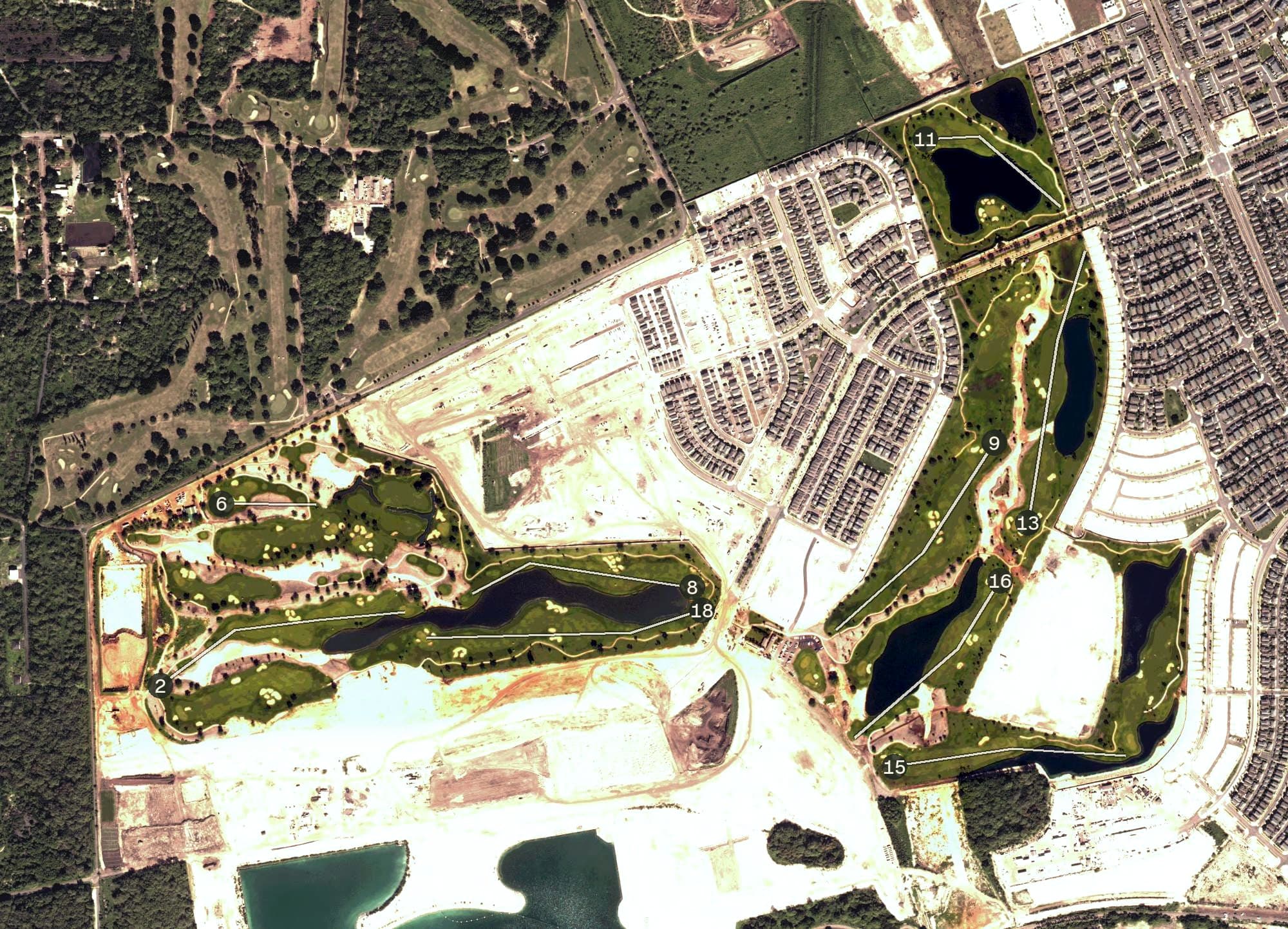 Aerial view of Hoakalei Country Club, HI, with its hole routing marked