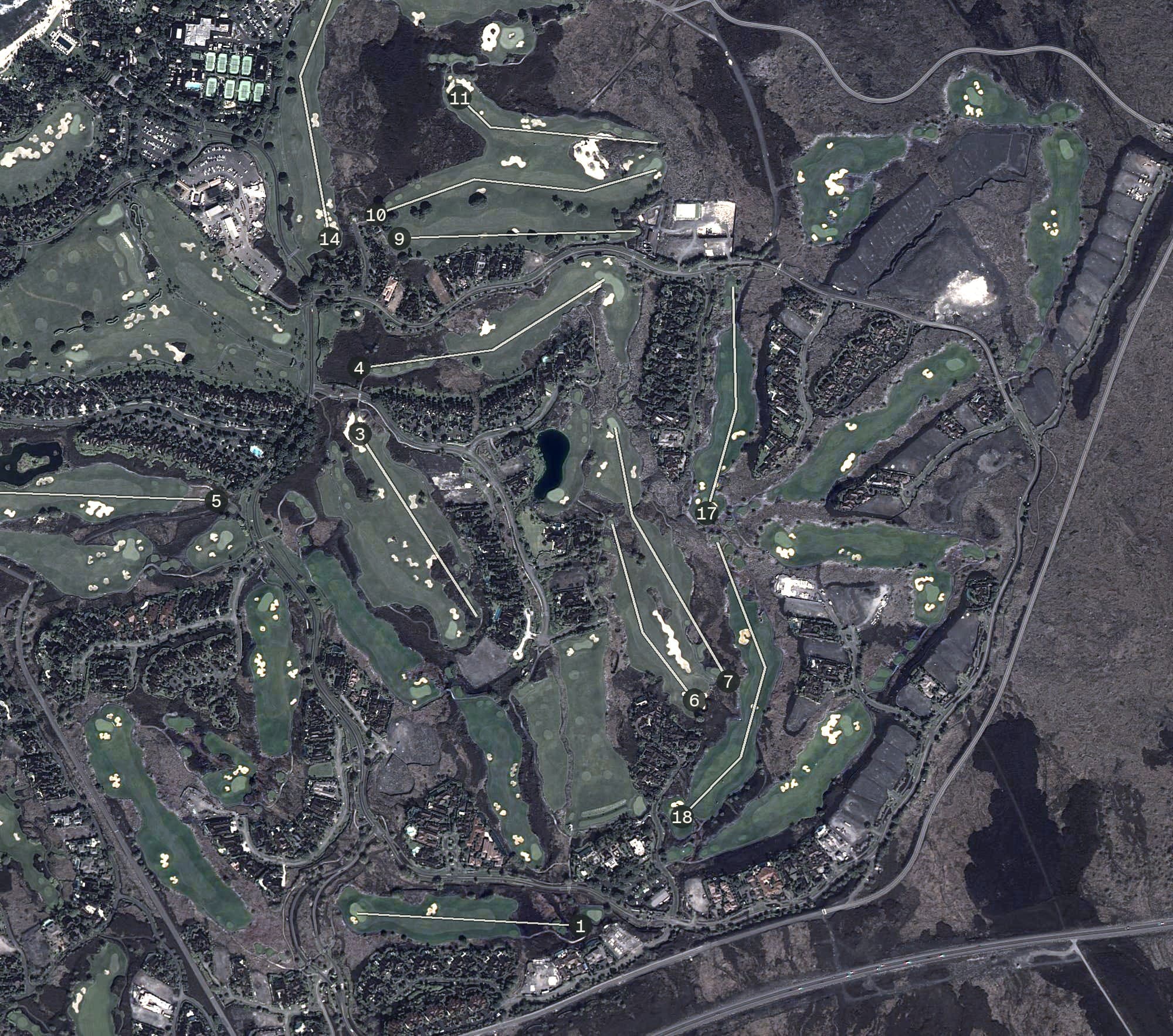 Aerial view of Hualalai Golf Club Keolu Course, HI, with its hole routing marked