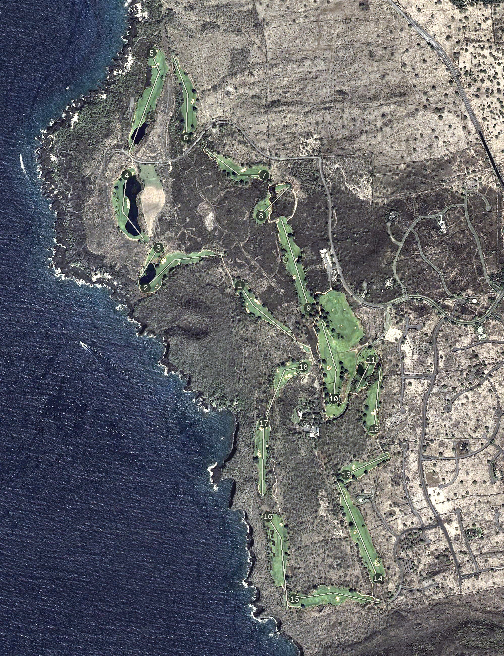 Aerial view of Jack Nicklaus Signature Golf Course, HI, with its hole routing marked