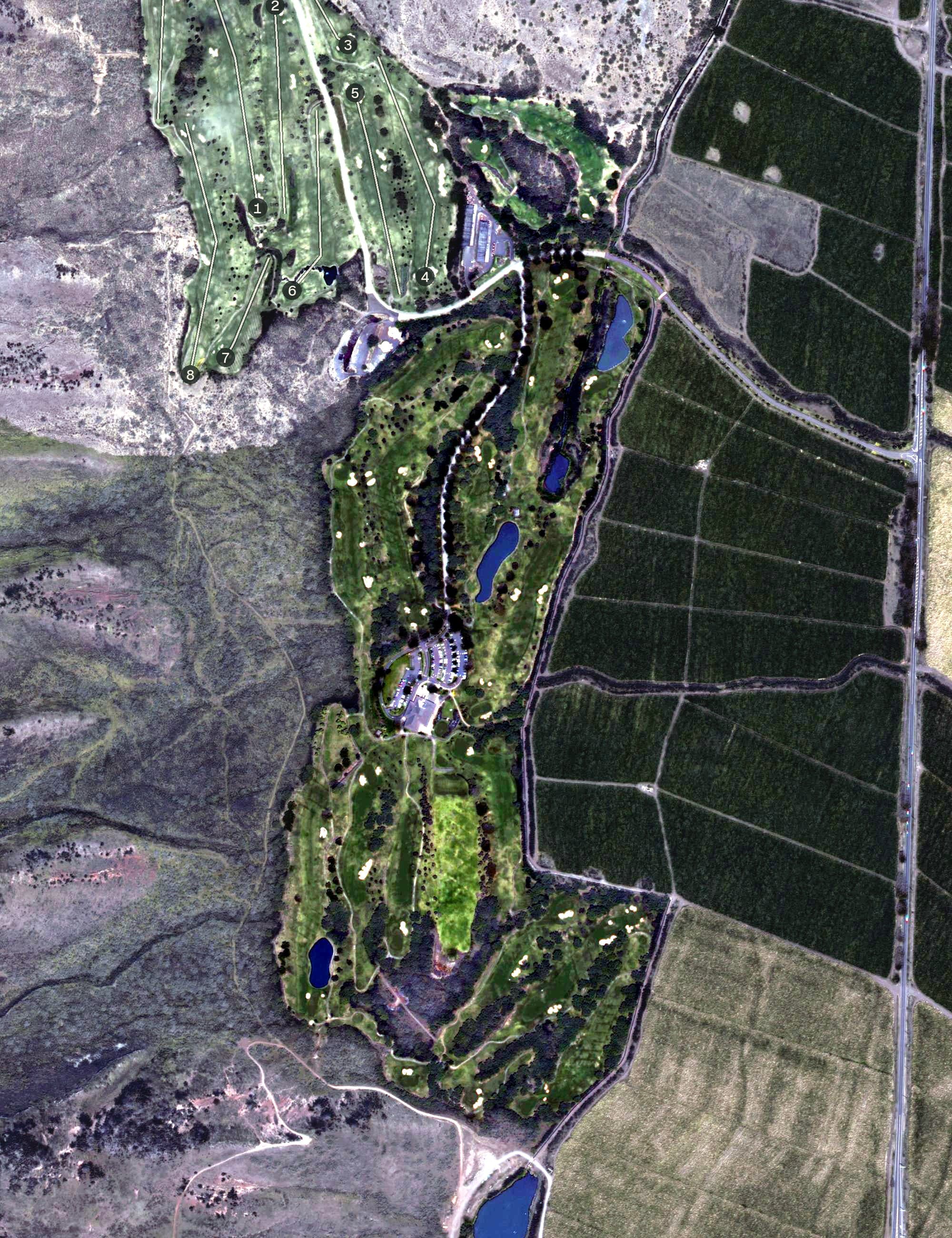 Aerial view of Kahili Golf Course, HI, with its hole routing marked