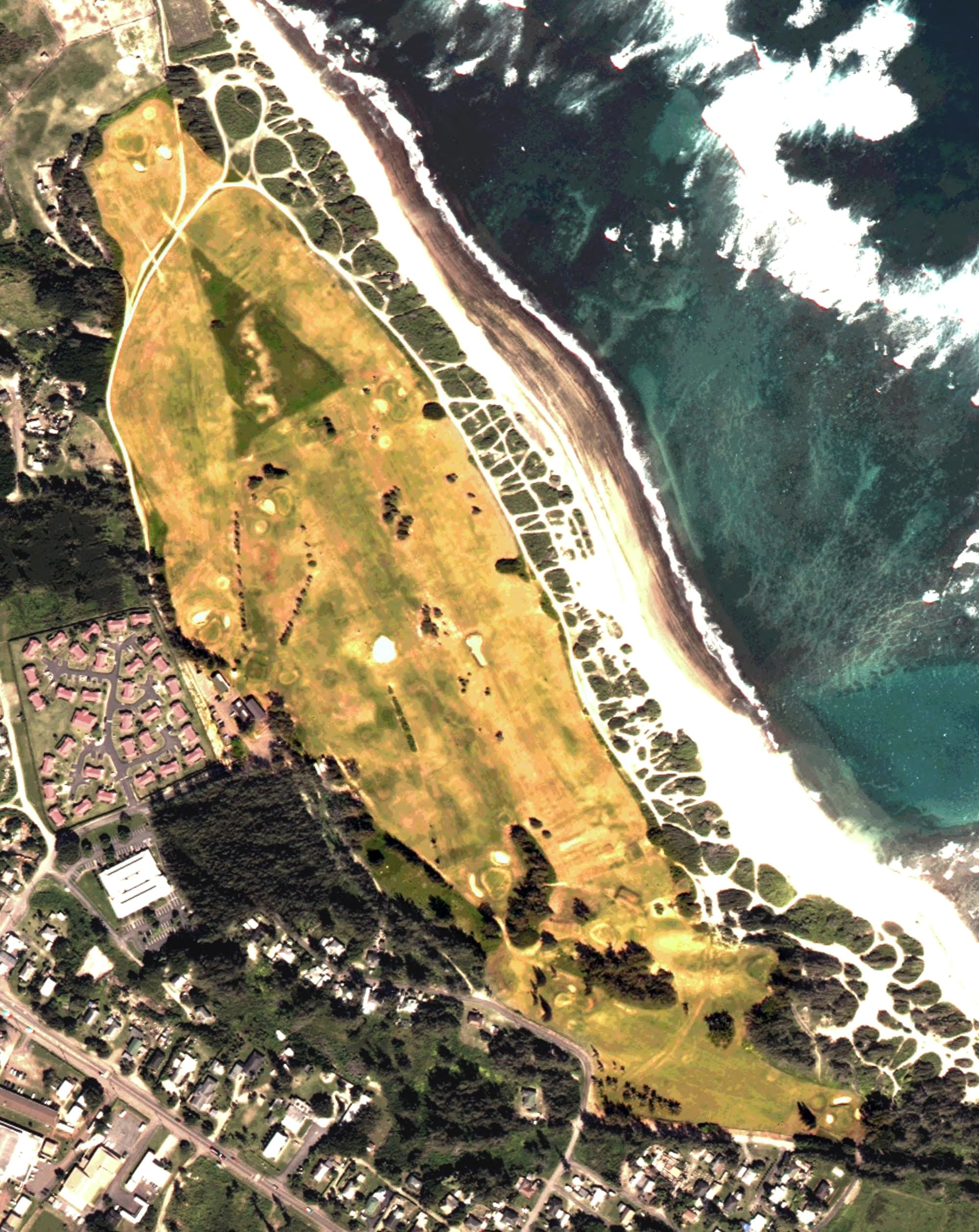 Aerial view of Kahuku Golf Course, HI, with its hole routing marked