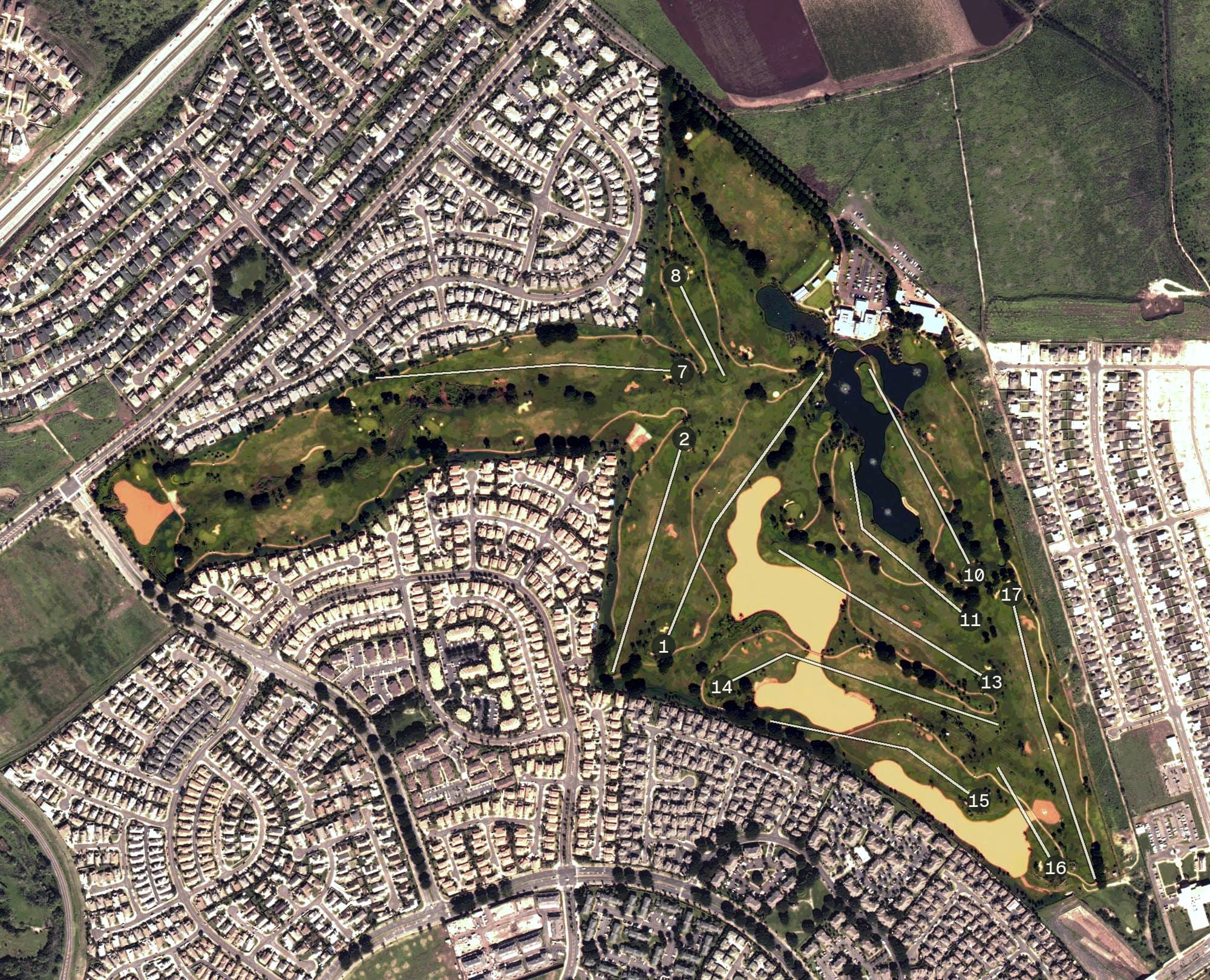 Aerial view of Kapolei Golf Course, HI, with its hole routing marked