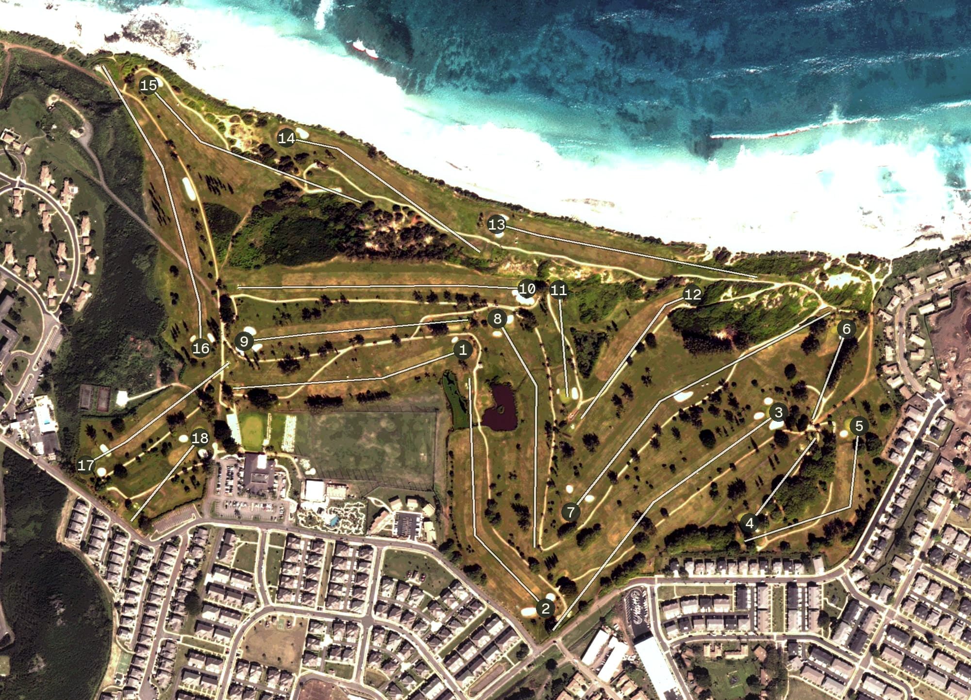 Aerial view of Klipper Golf Course, HI, with its hole routing marked