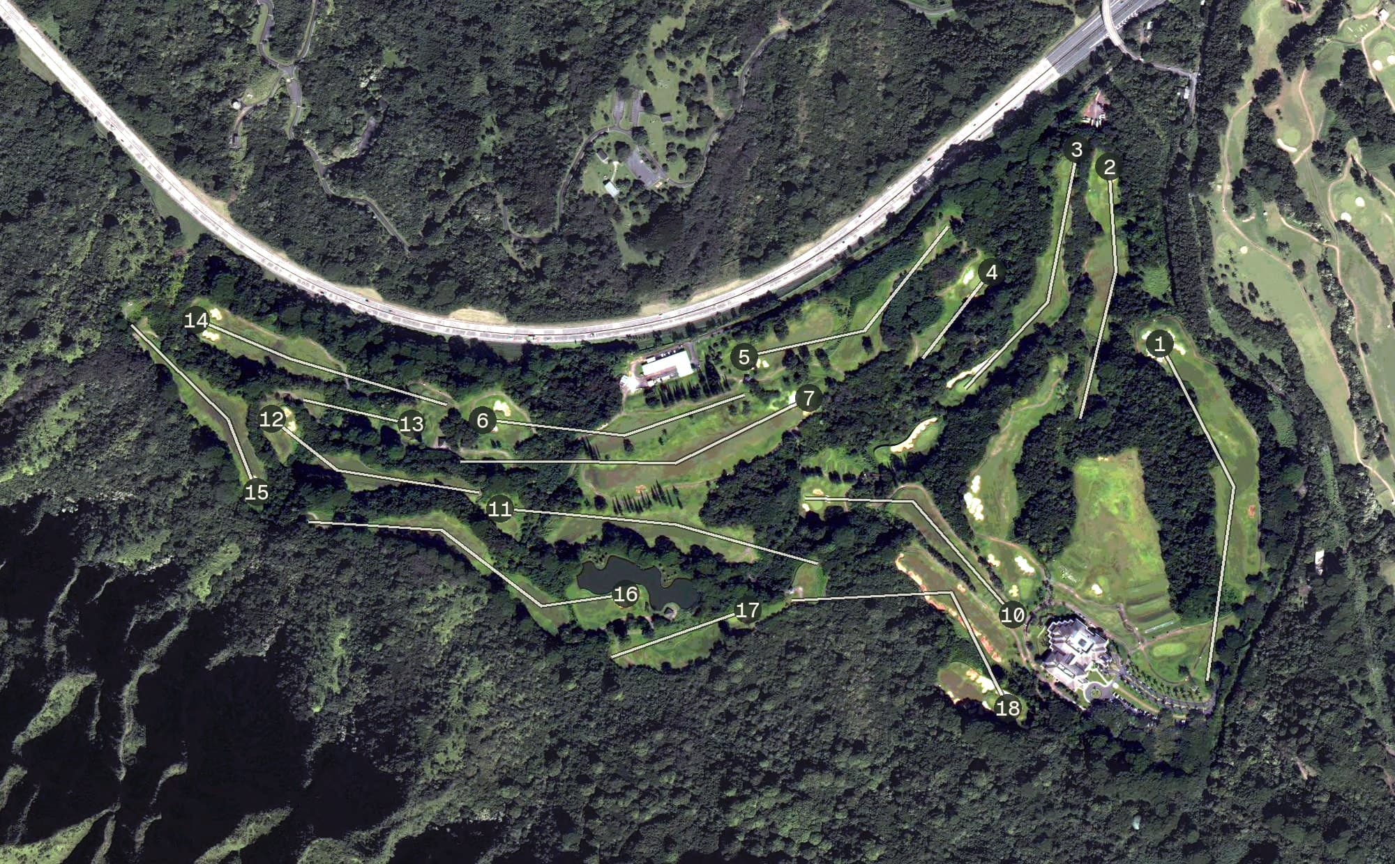 Aerial view of Ko'olau Golf Club, HI, with its hole routing marked