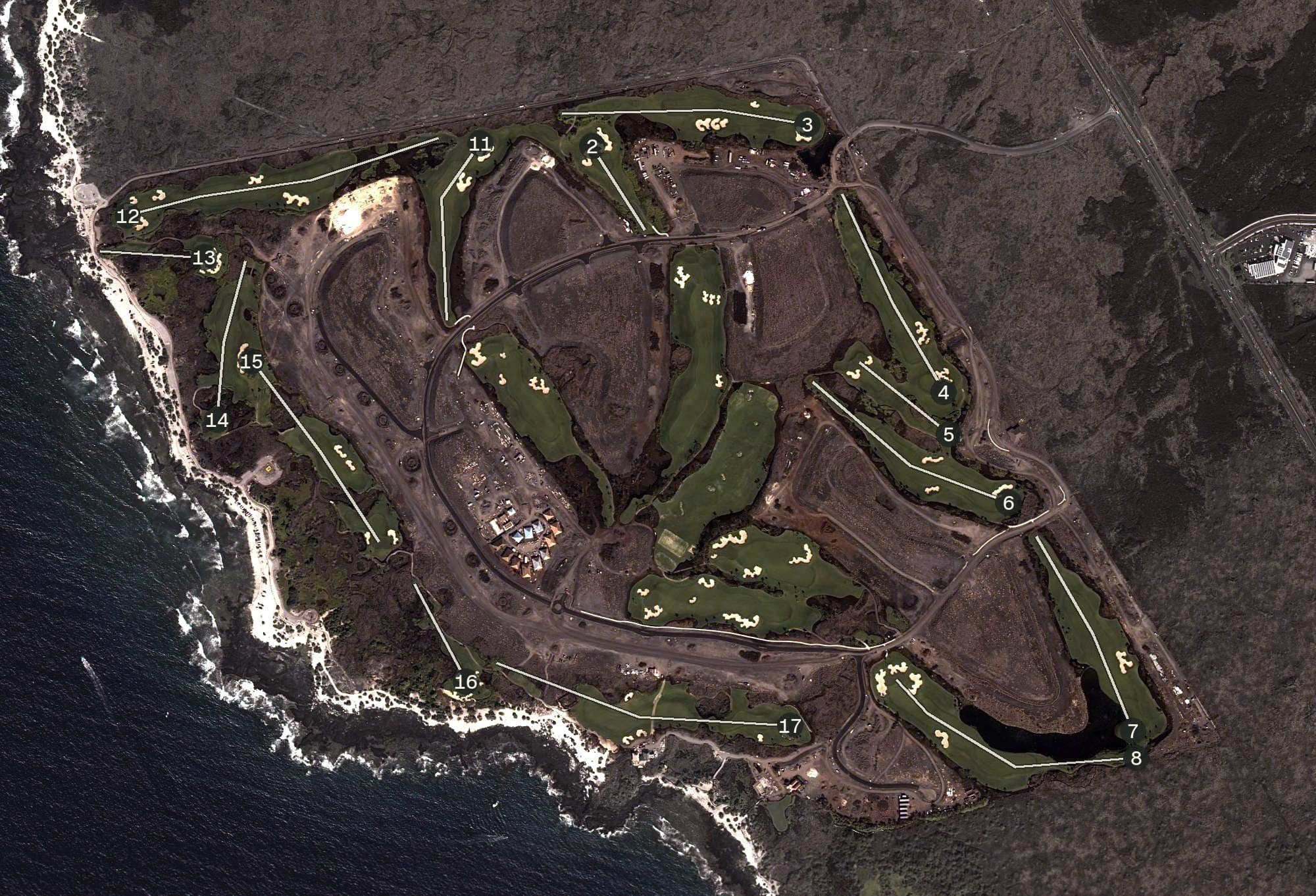 Aerial view of Kohanaiki, HI, with its hole routing marked