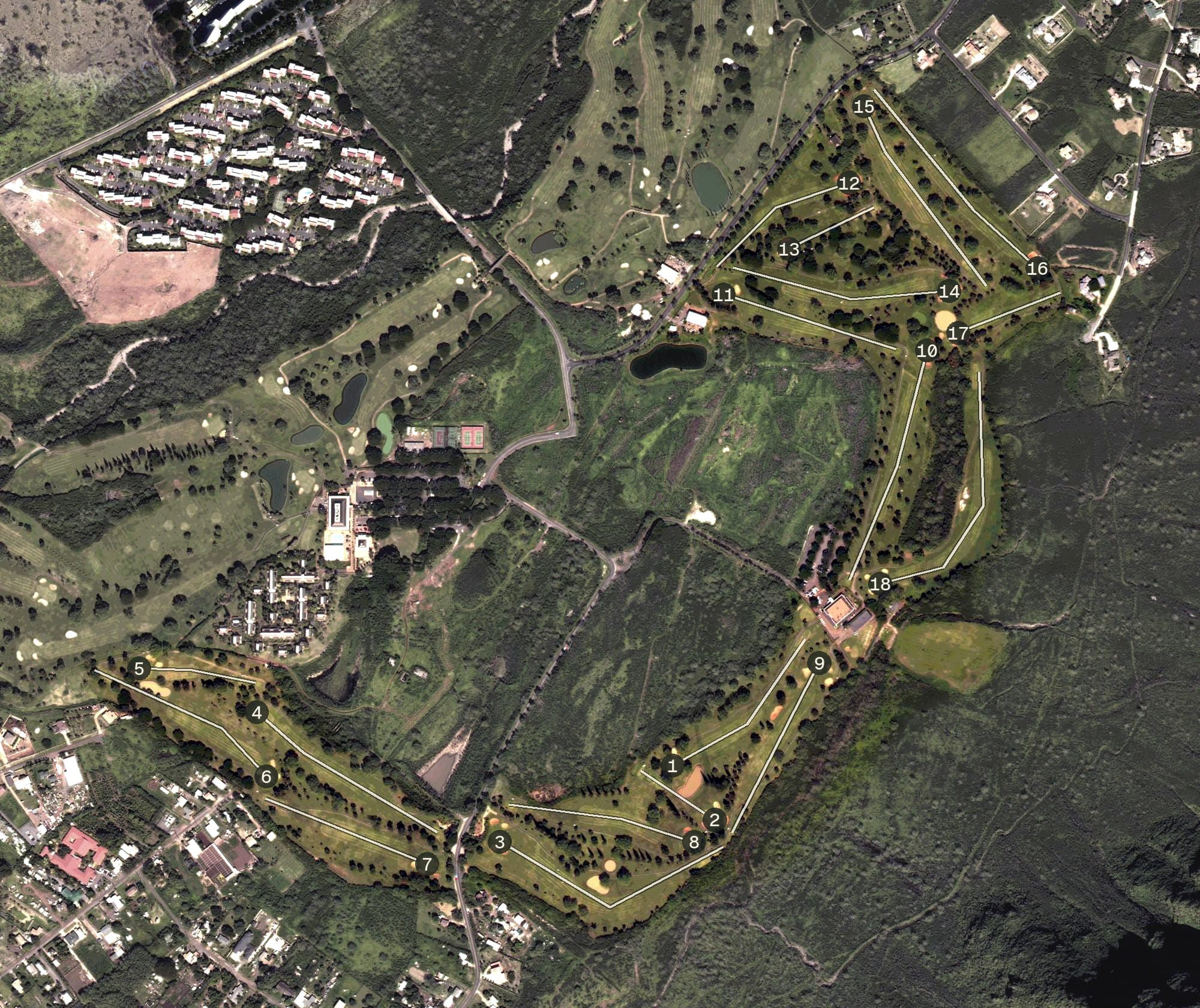 Aerial view of Makaha Valley Country Club, HI, with its hole routing marked