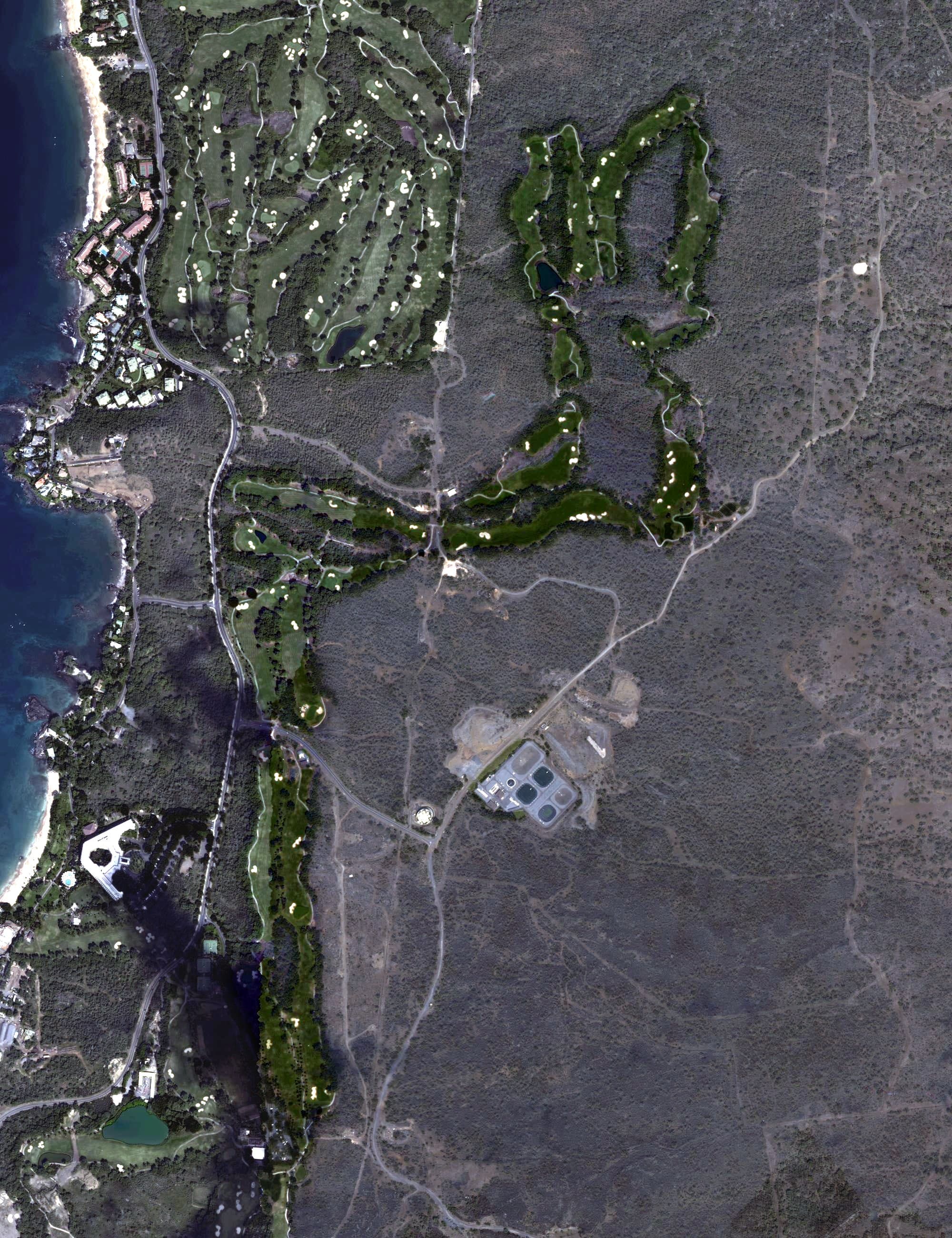 Aerial view of Makena North Course, HI, with its hole routing marked