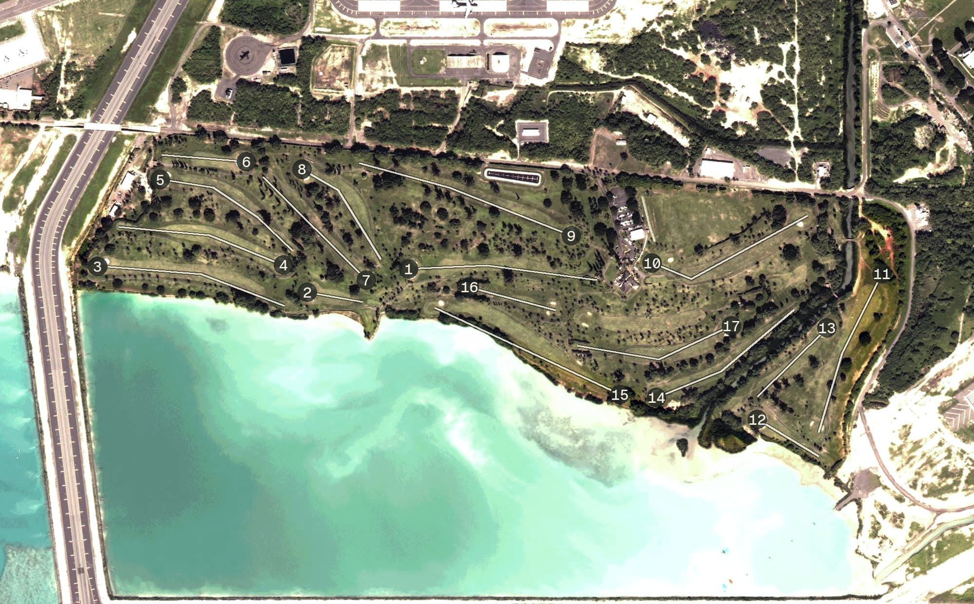 Aerial view of Mamala Bay Golf Course, HI, with its hole routing marked