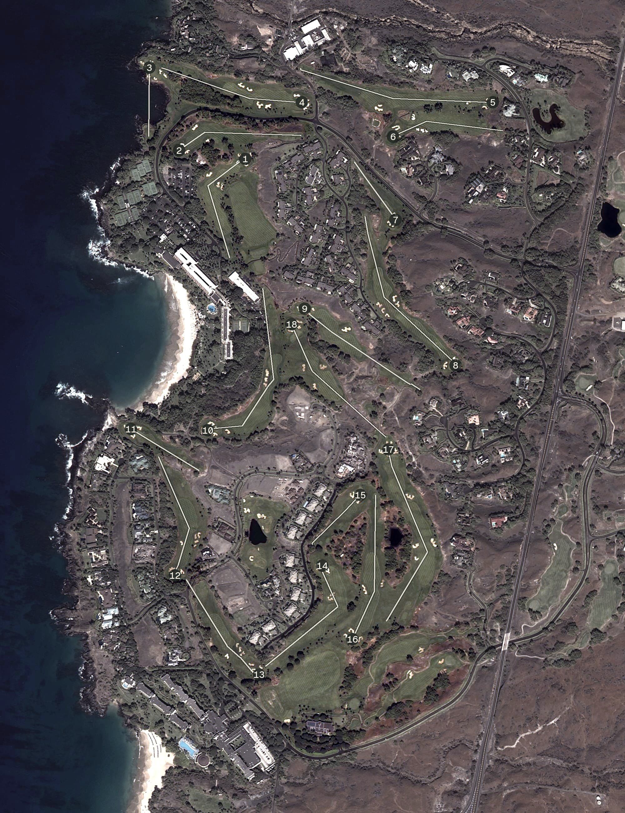 Aerial view of Mauna Kea Golf Course, HI, with its hole routing marked