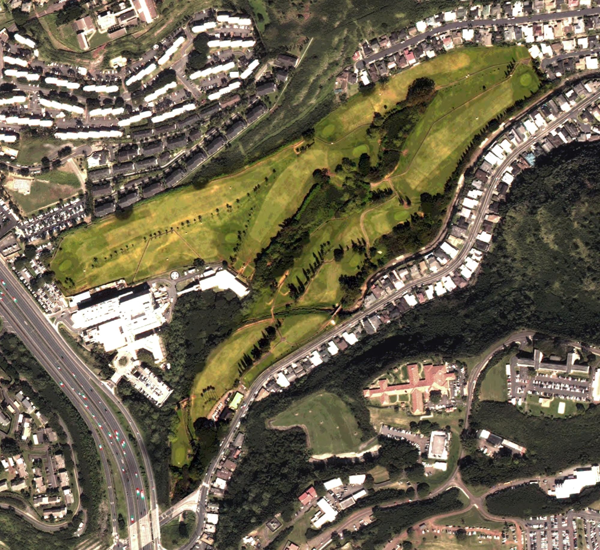 Aerial view of Moanalua Golf Club, HI, with its hole routing marked