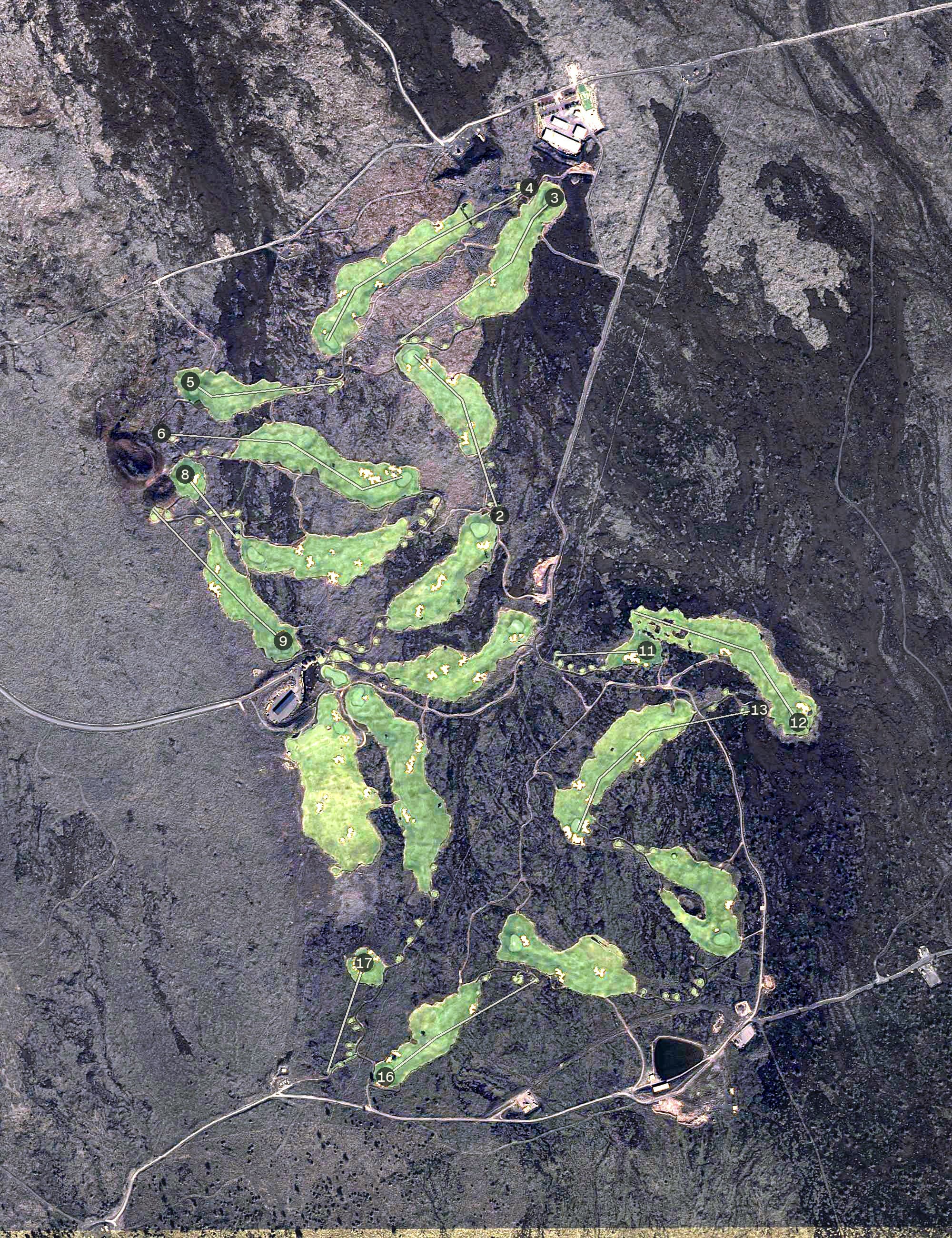 Aerial view of Nanea Golf Club, HI, with its hole routing marked