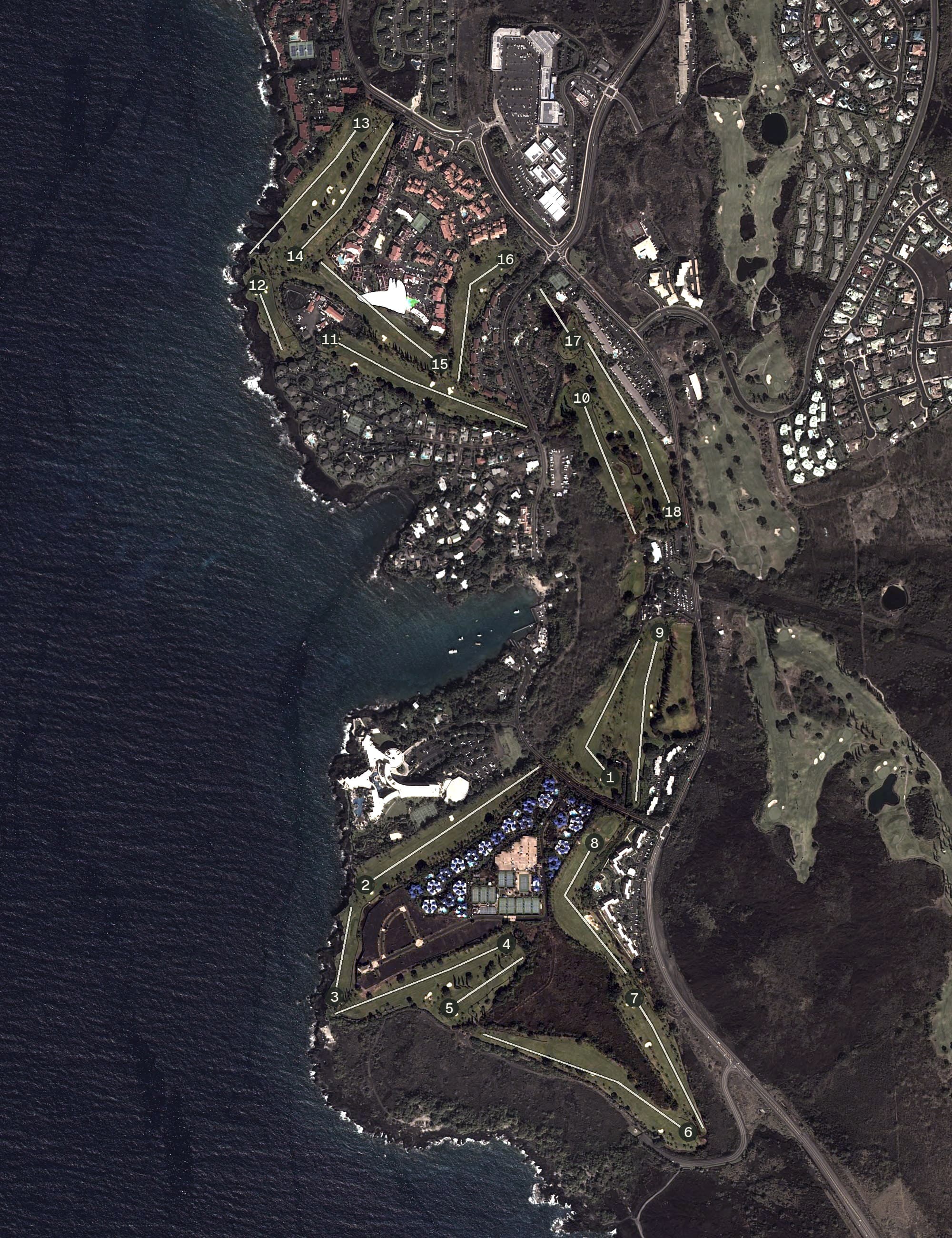 Aerial view of Ocean Course, HI, with its hole routing marked