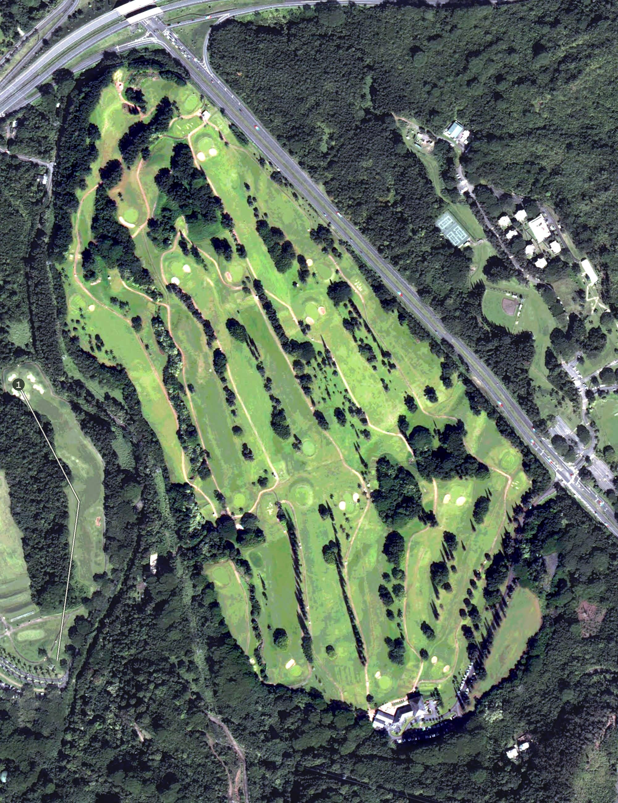 Aerial view of Pali Golf Course, HI, with its hole routing marked
