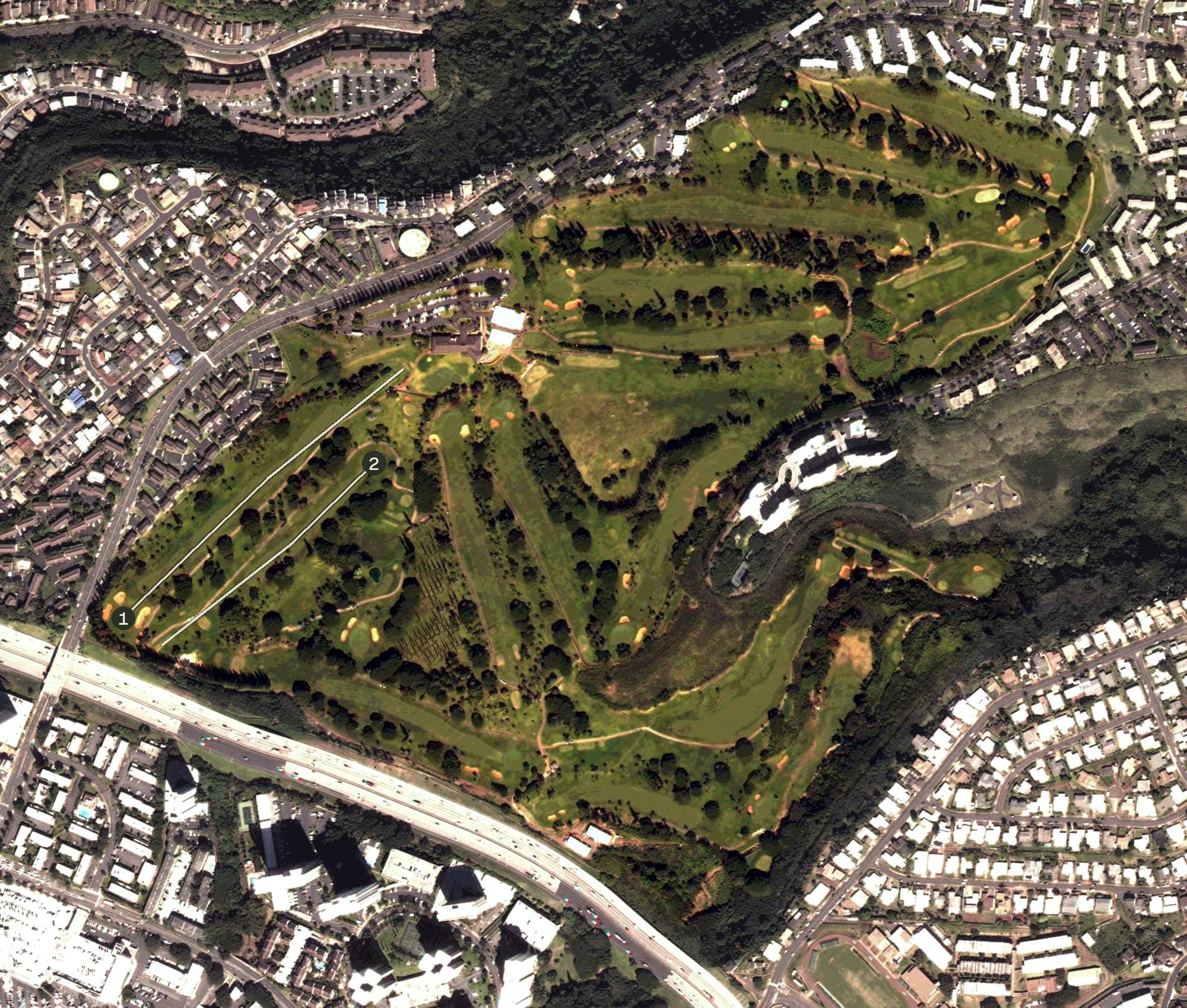 Aerial view of Pearl Country Club, HI, with its hole routing marked