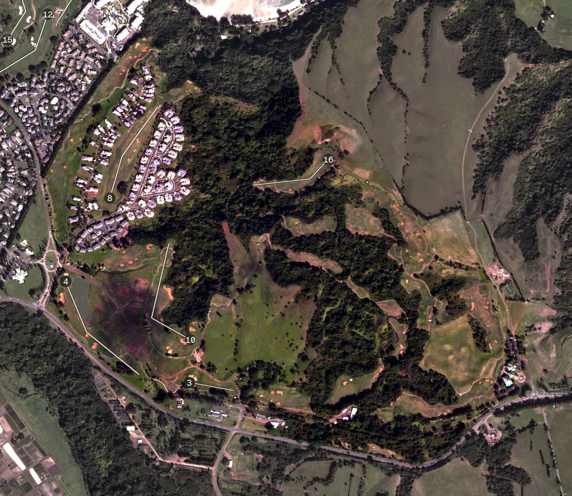 Aerial view of Princeville Golf Club - Prince Course, HI, with its hole routing marked