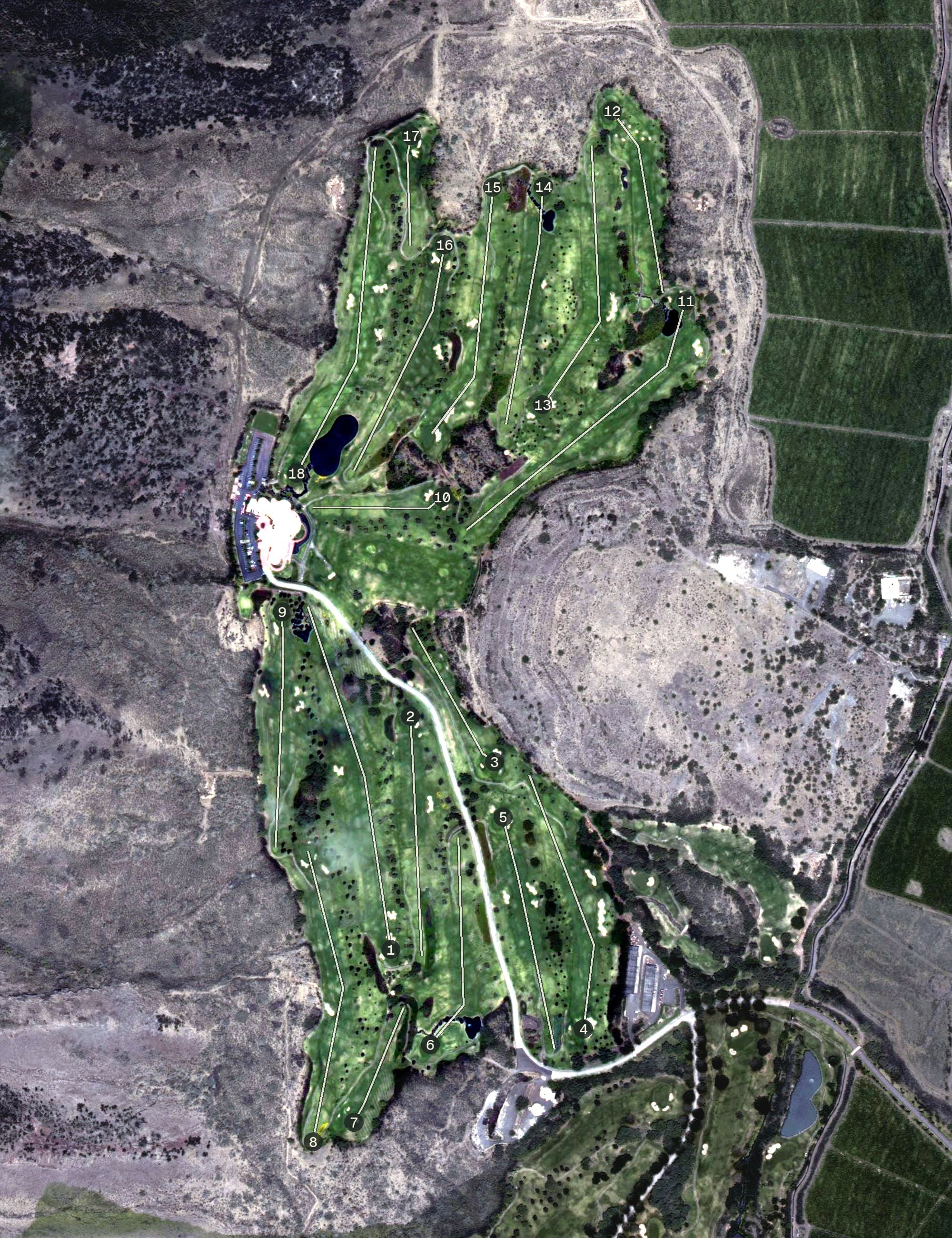 Aerial view of The King Kamehameha Colf Club, HI, with its hole routing marked