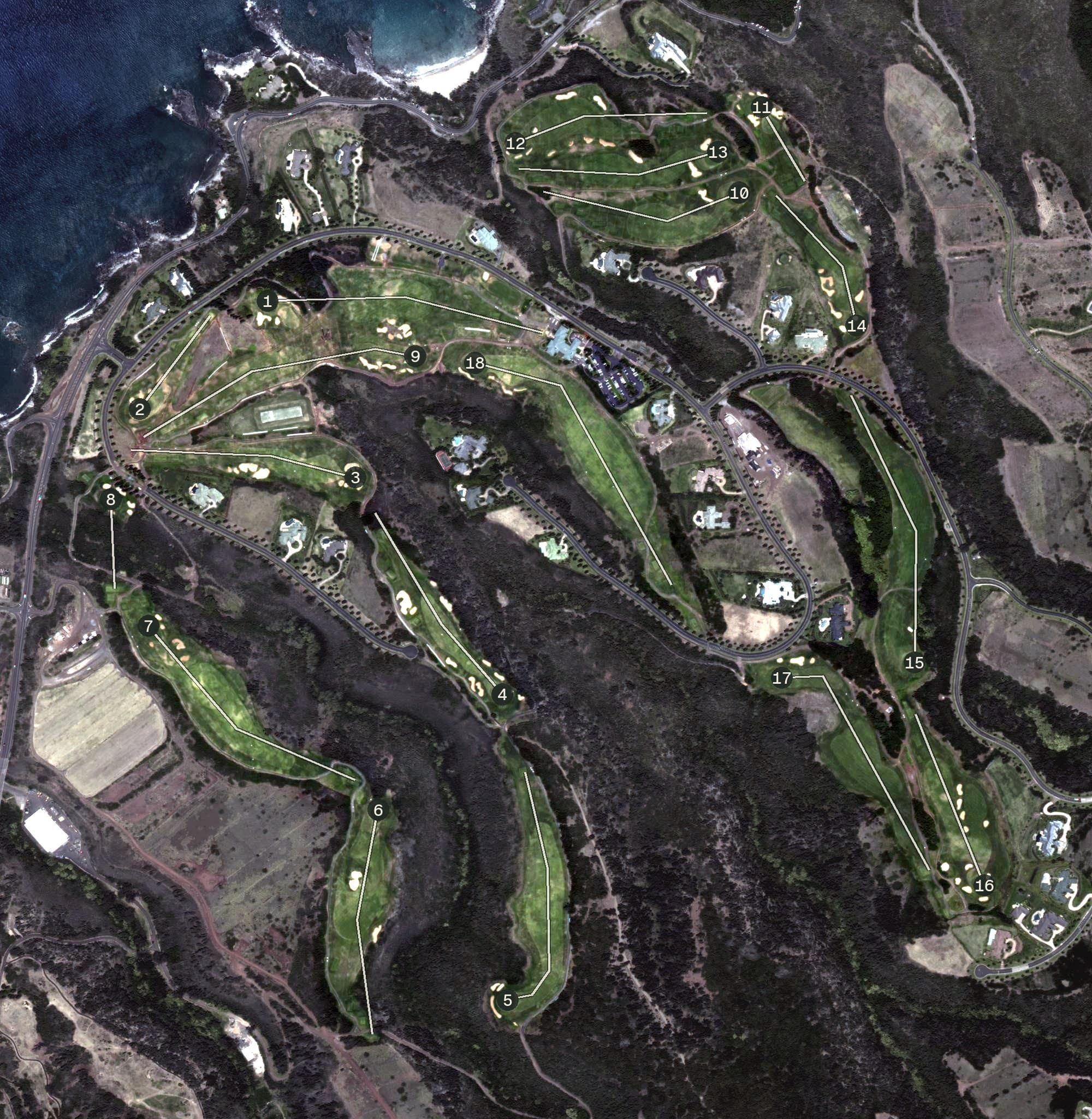 Aerial view of The Plantation Course, HI, with its hole routing marked