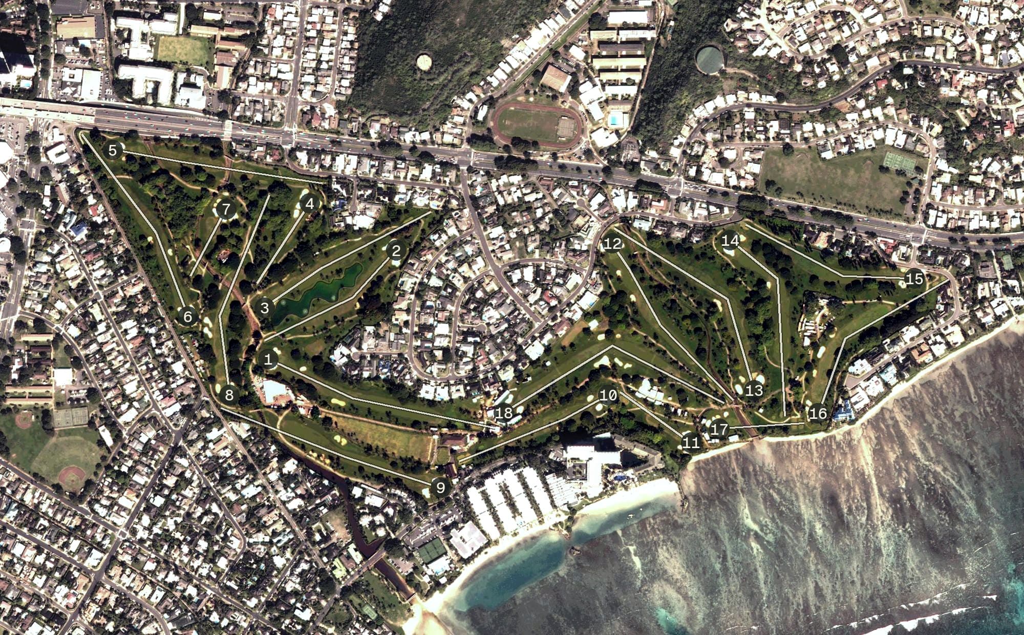 Aerial view of Waiʻalae Country Club, HI, with its hole routing marked