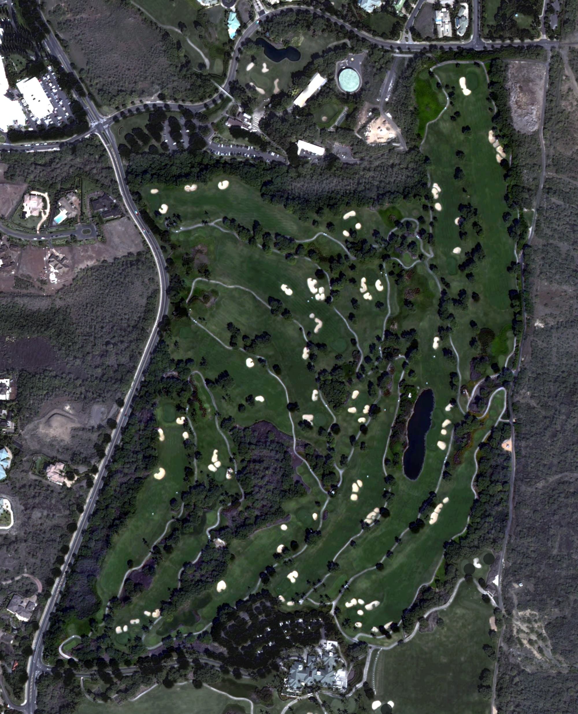 Aerial view of Wailea Emerald Course, HI, with its hole routing marked