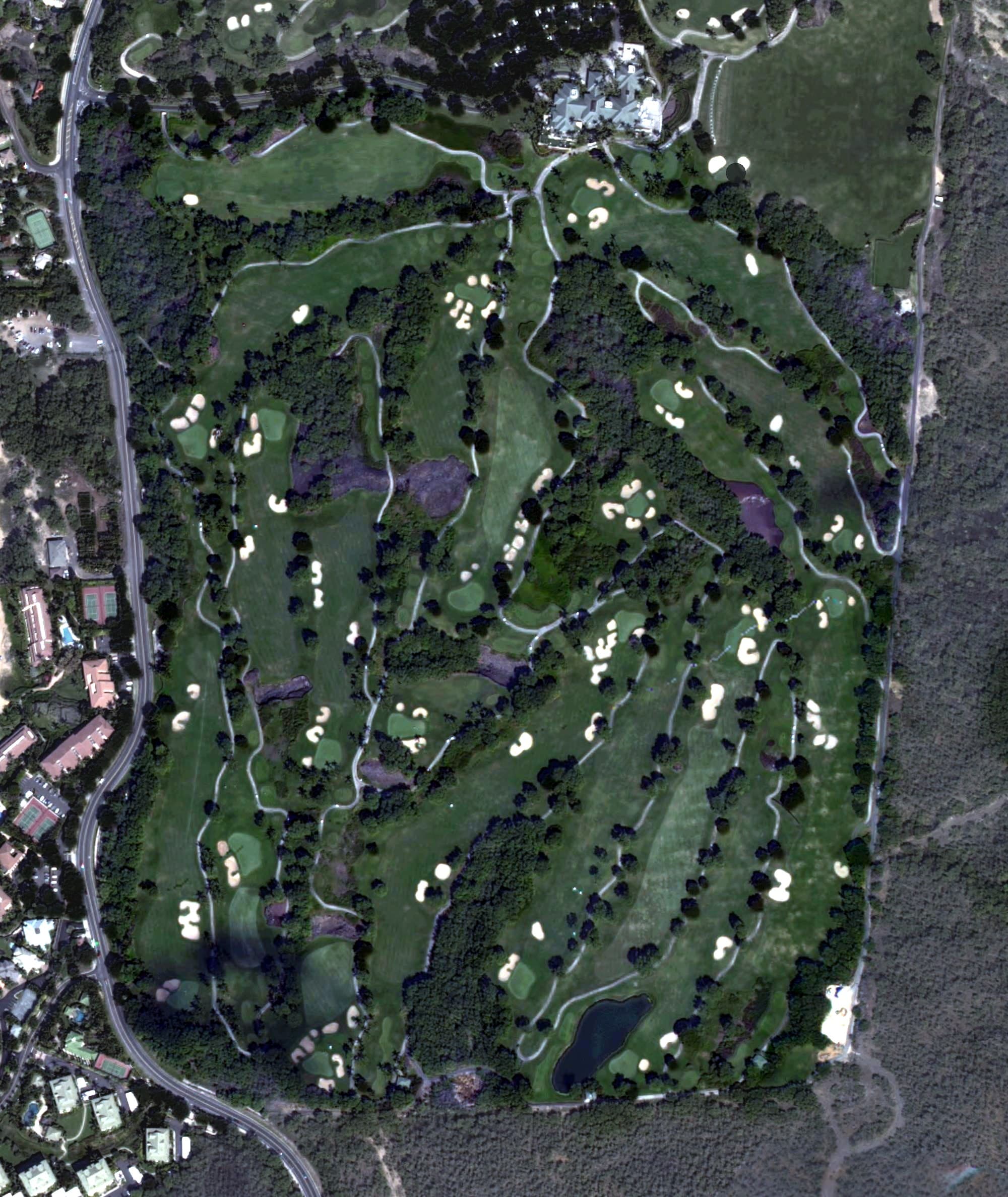 Aerial view of Wailea Gold Course, HI, with its hole routing marked