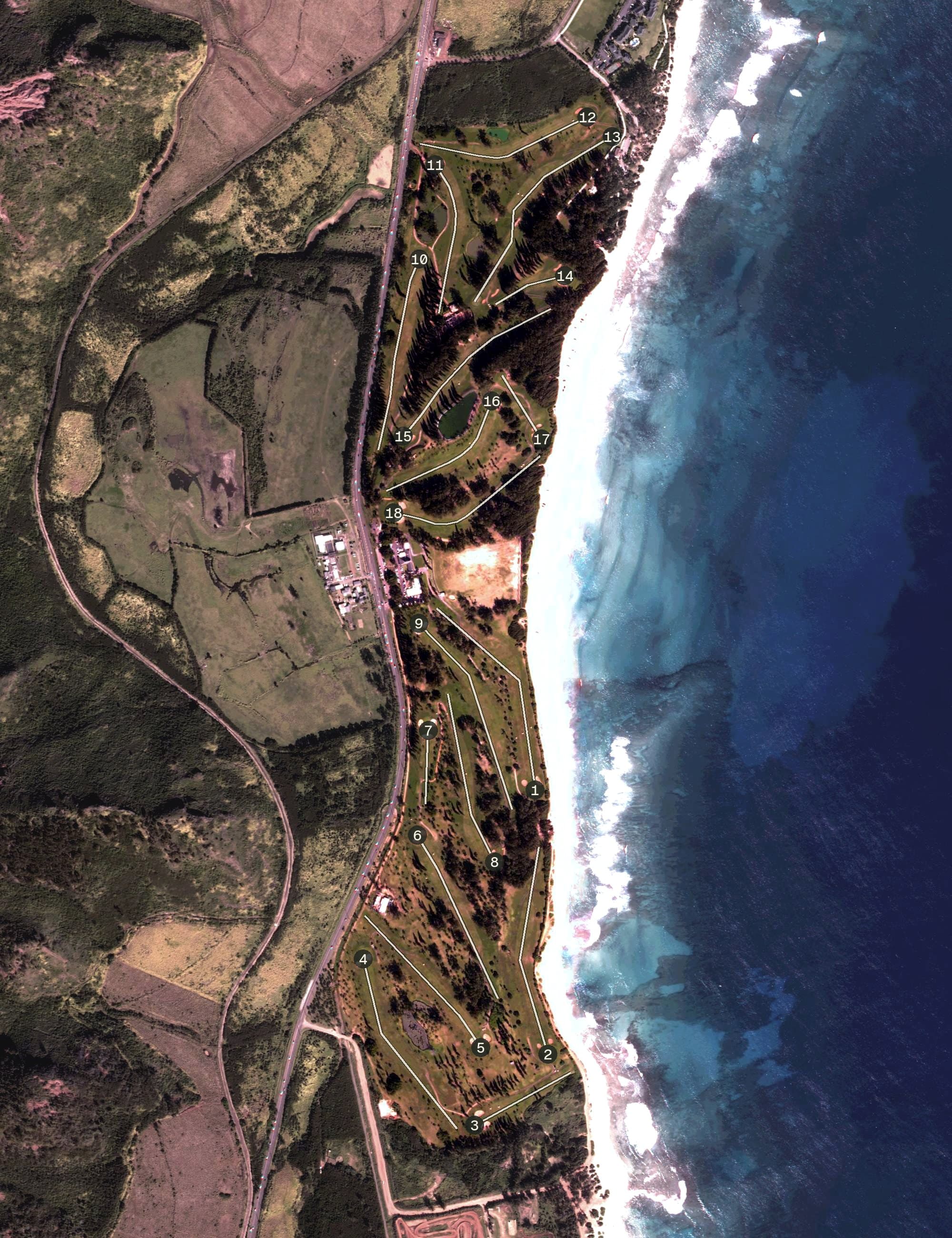 Aerial view of Wailua Golf Course, HI, with its hole routing marked