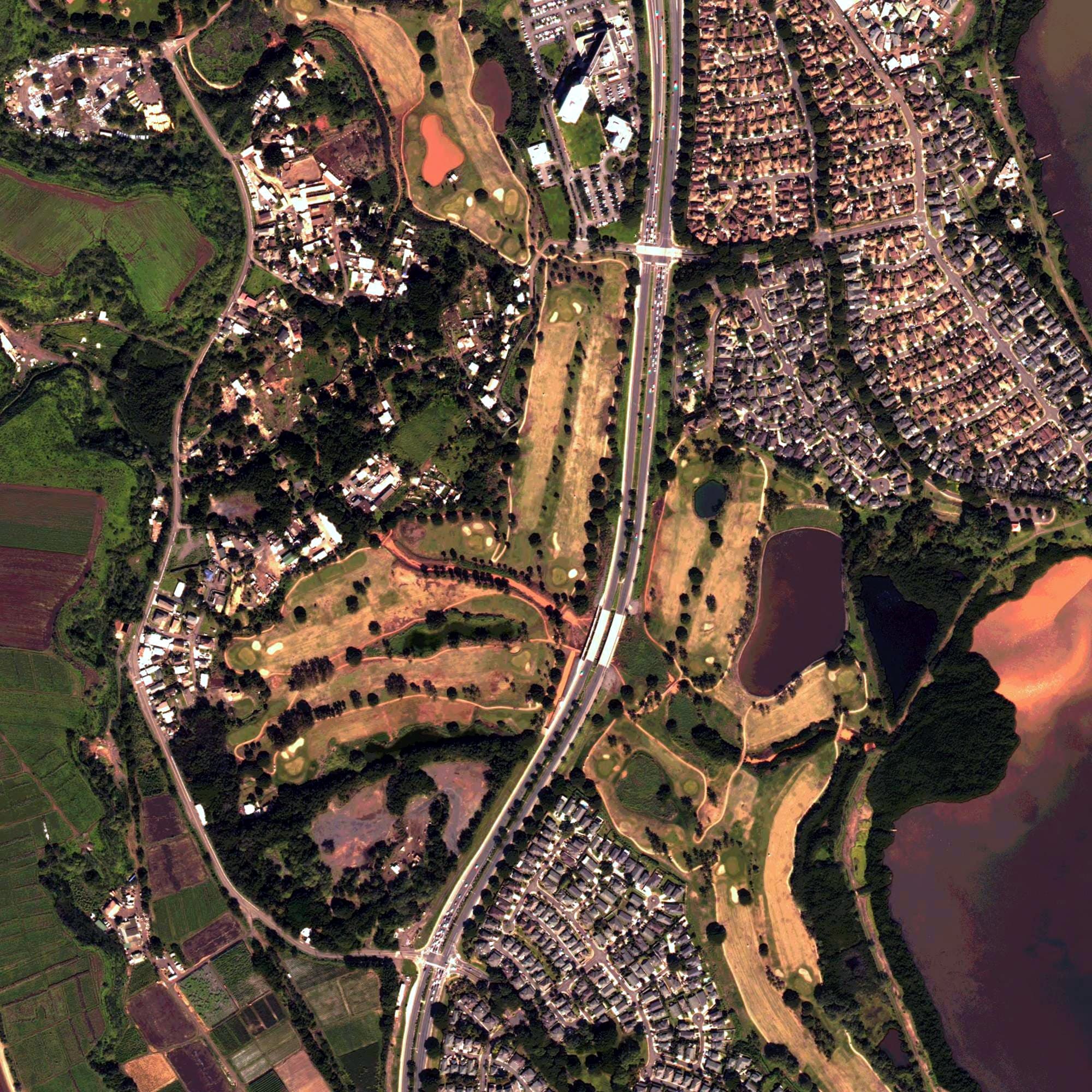 Aerial view of West Loch Golf Course, HI, with its hole routing marked