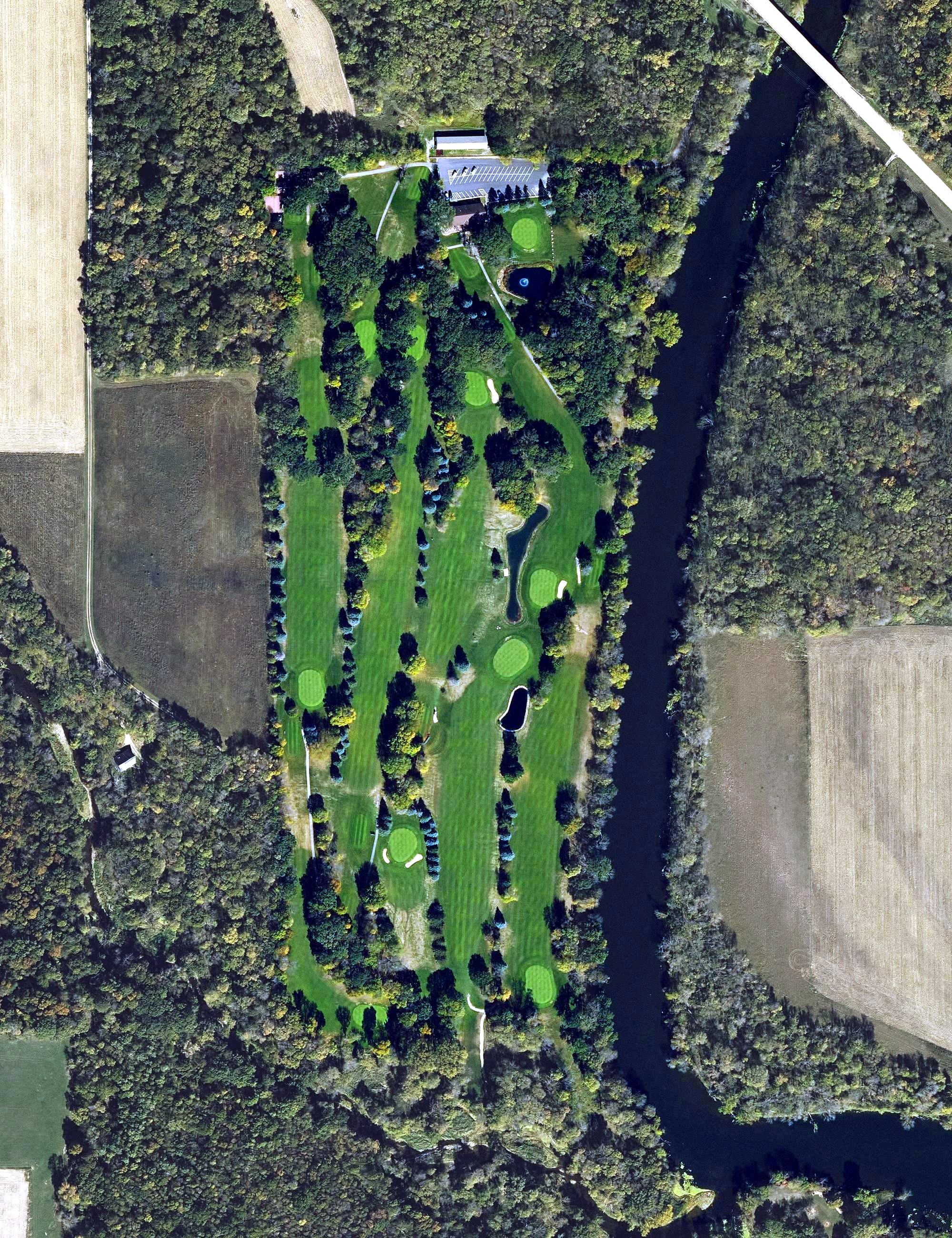 Aerial view of Acorn Park Golf Course, IA, with its hole routing marked