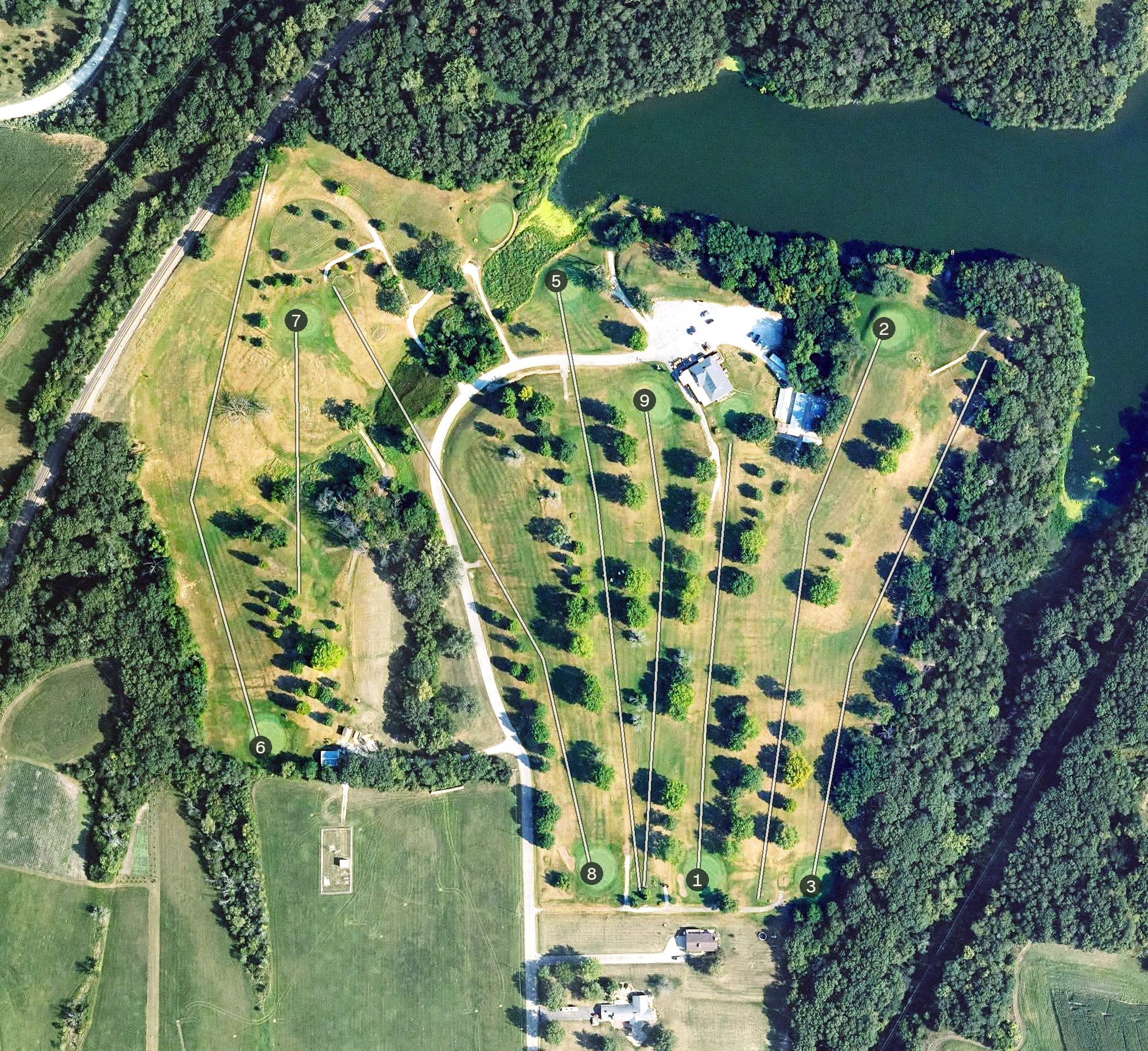 Aerial view of Albia Golf and Leisure, IA, with its hole routing marked