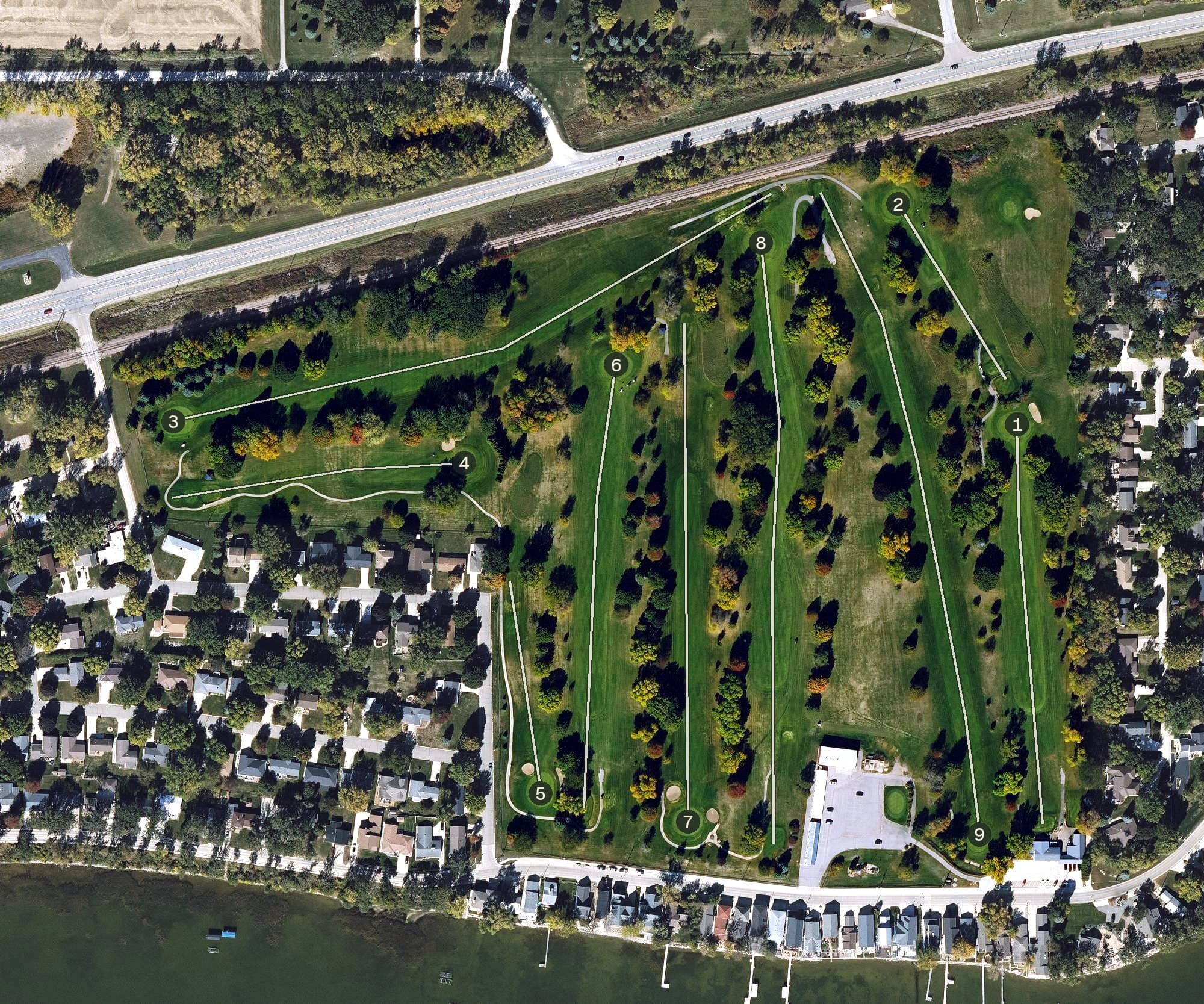 Aerial view of All Vets Golf Course, IA, with its hole routing marked