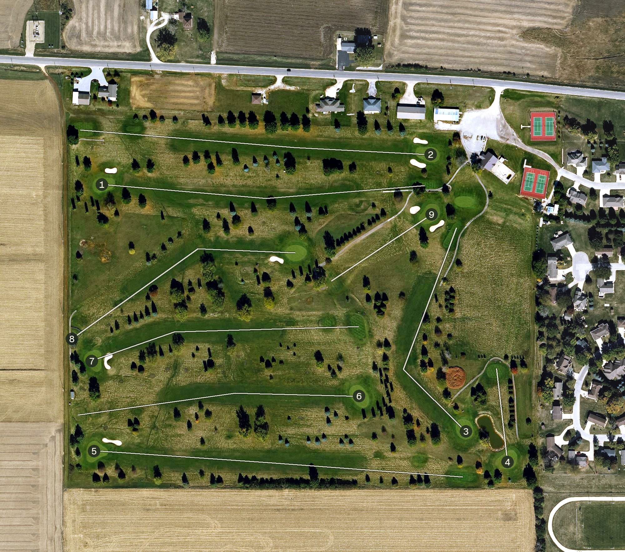 Aerial view of Aplington Recreation Complex, IA, with its hole routing marked