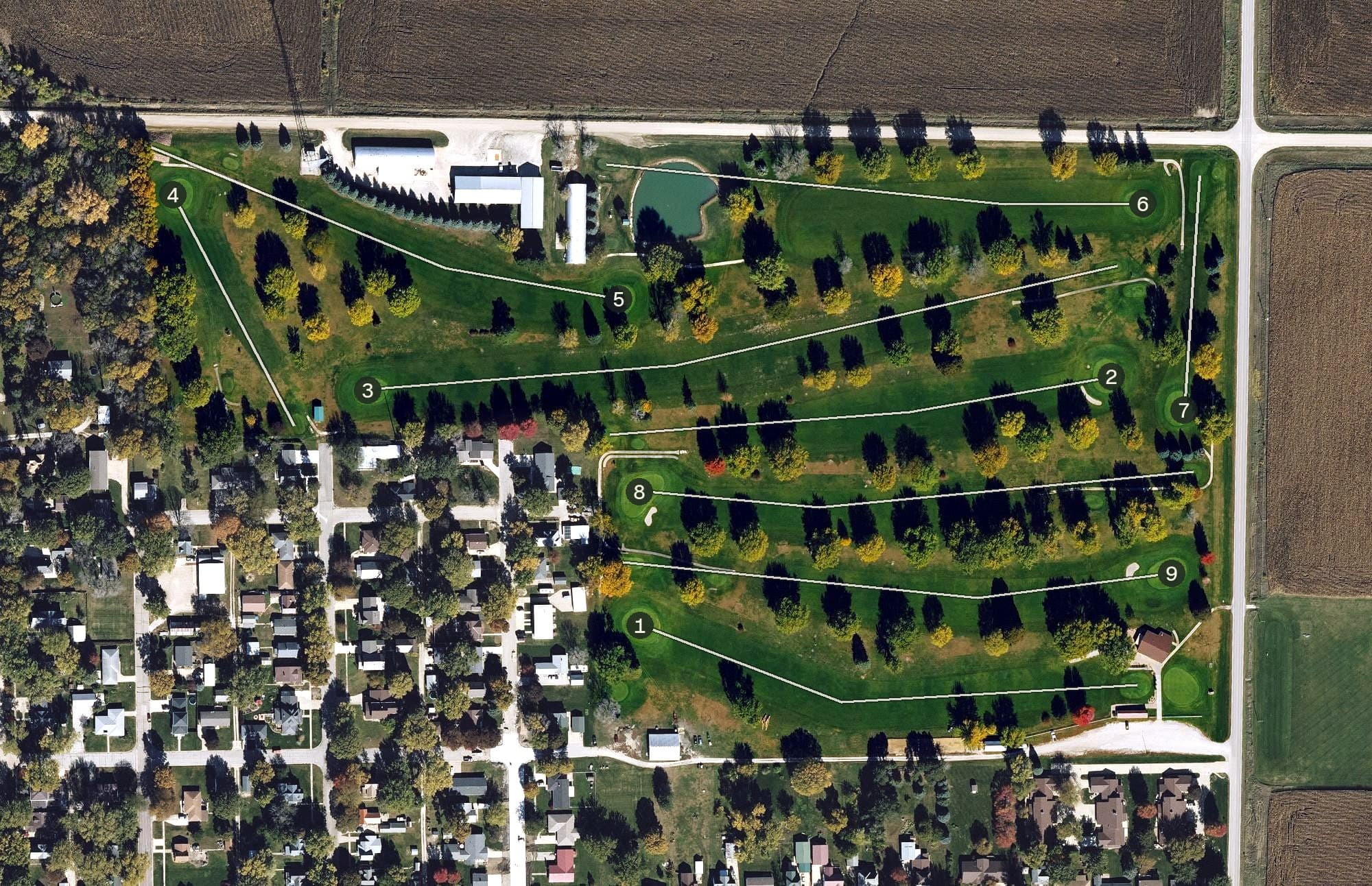 Aerial view of Aurelia Golf Club, IA, with its hole routing marked