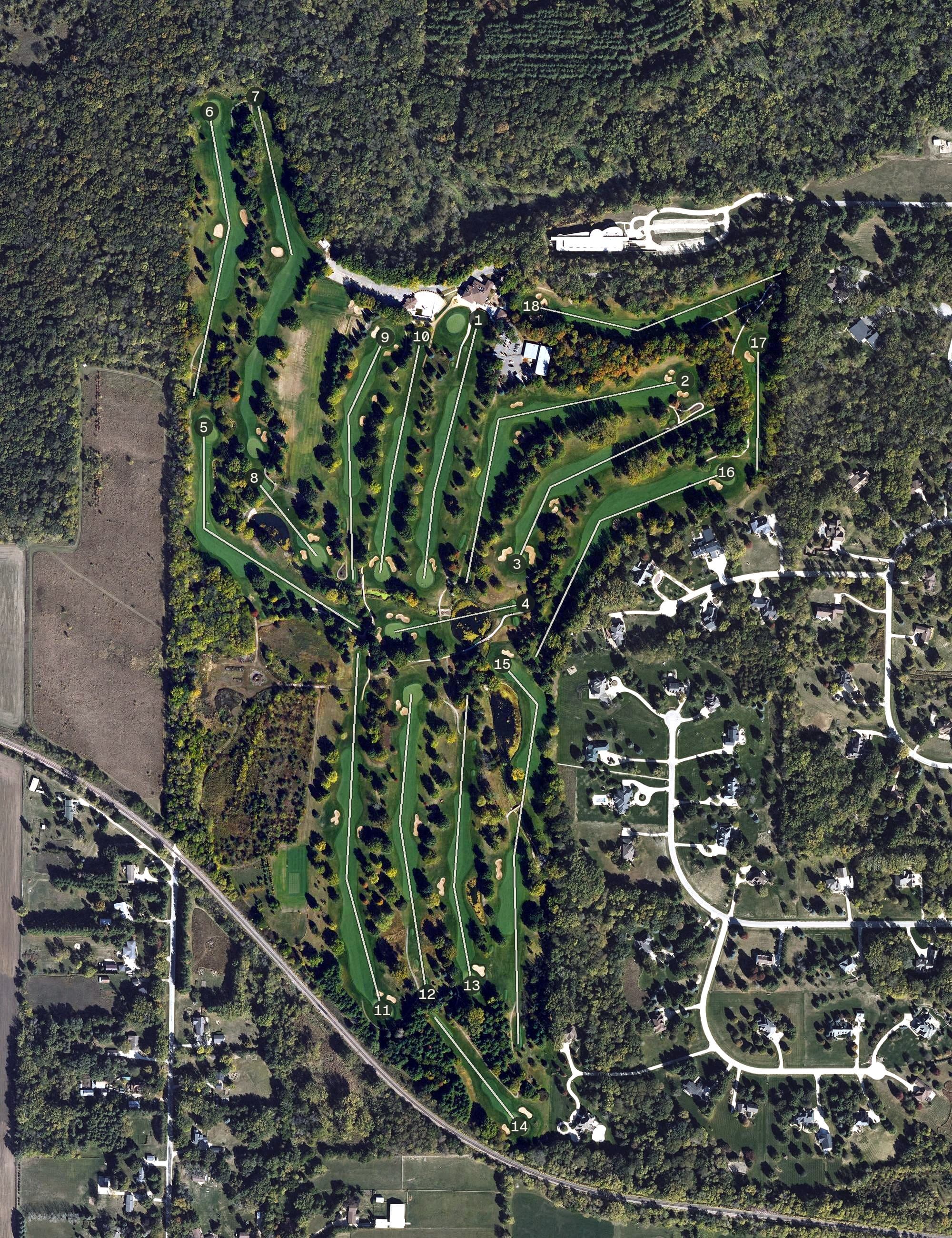 Aerial view of Beaver Hills Country Club, IA, with its hole routing marked