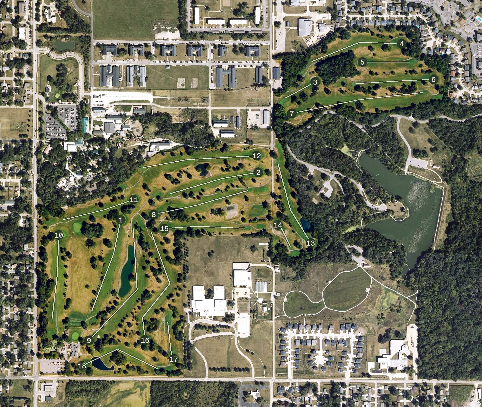 Aerial view of Blank Park Golf Course, IA, with its hole routing marked