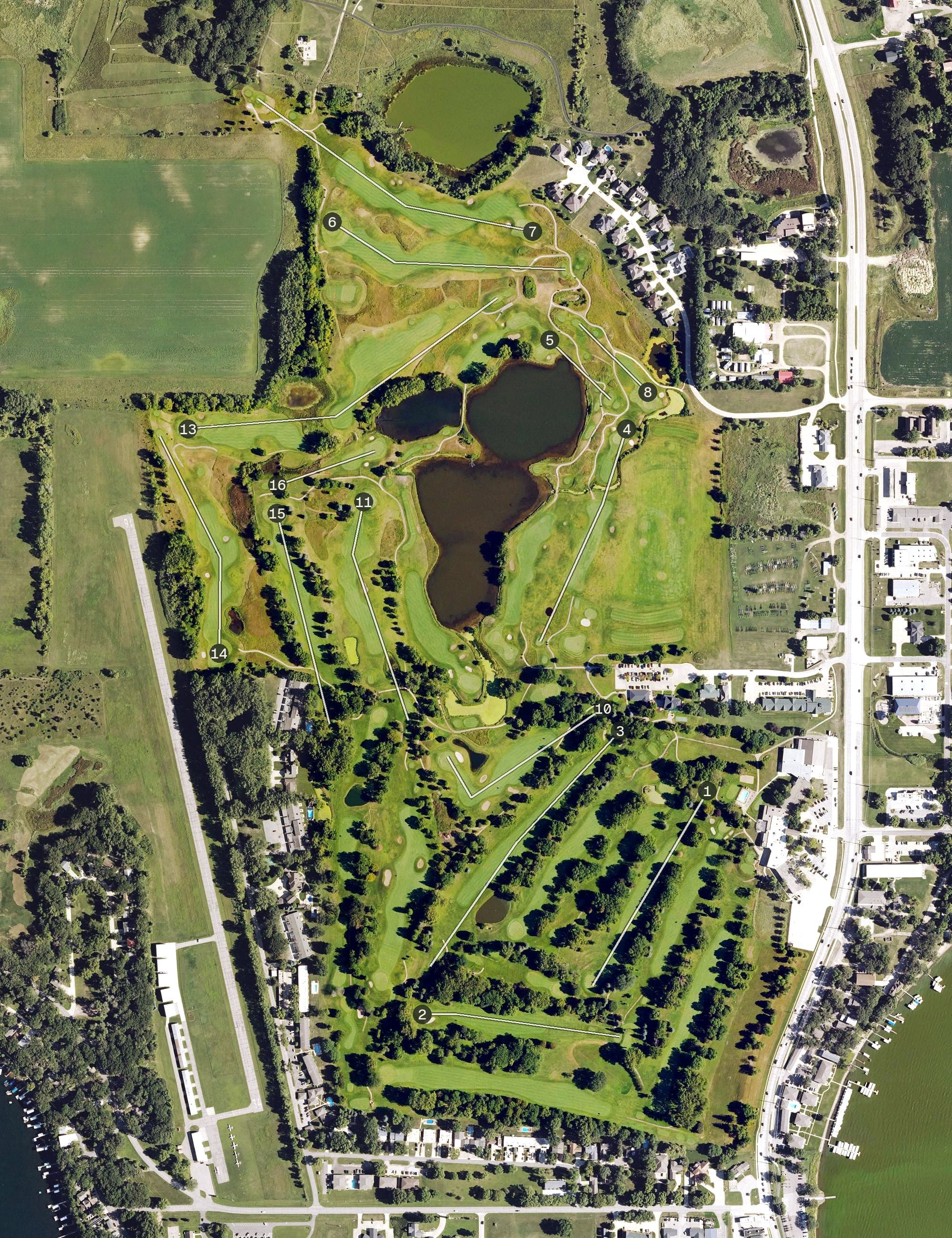 Aerial view of Brooks Golf Club, IA, with its hole routing marked