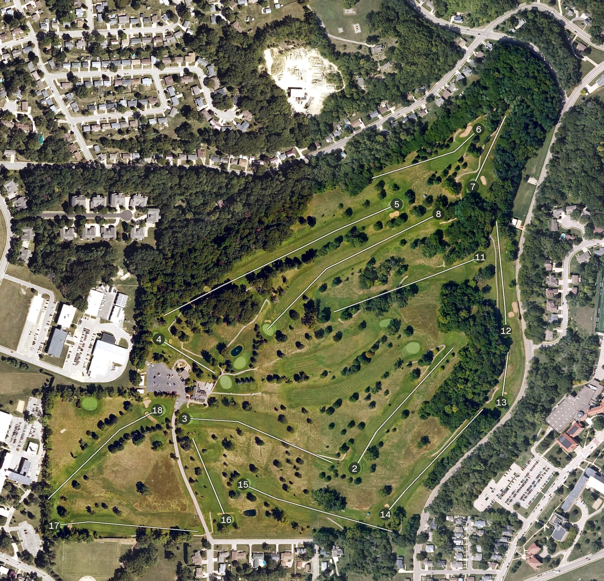 Aerial view of Bunker Hill Golf Course, IA, with its hole routing marked